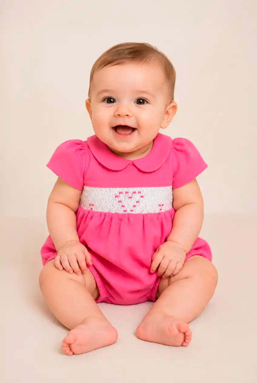 Romper em Linho Rosa com Faixa Ponto Smock Bordada a Mão — foto 1