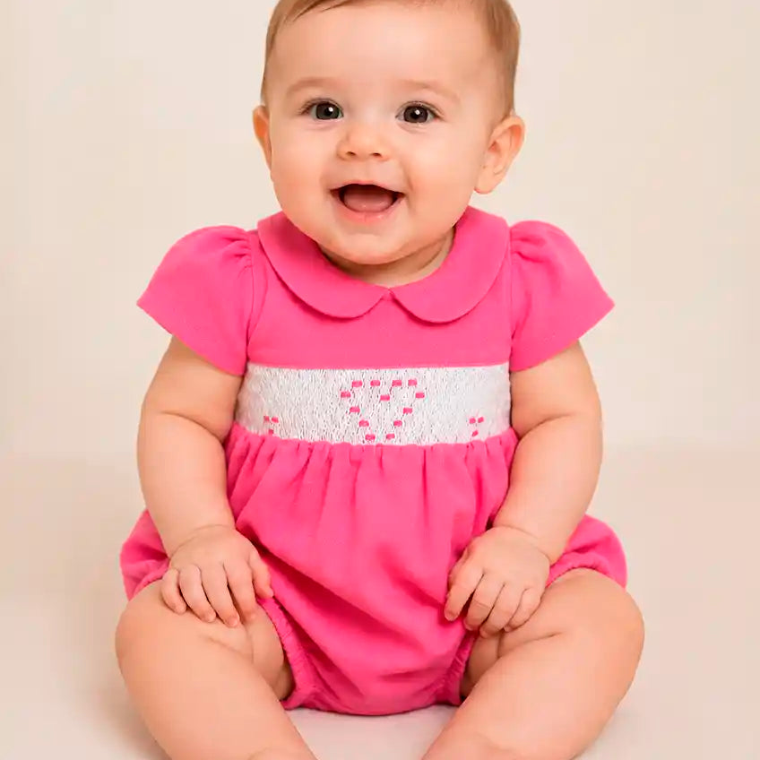 Romper em Linho Rosa com Faixa Ponto Smock Bordada a Mão — foto 1
