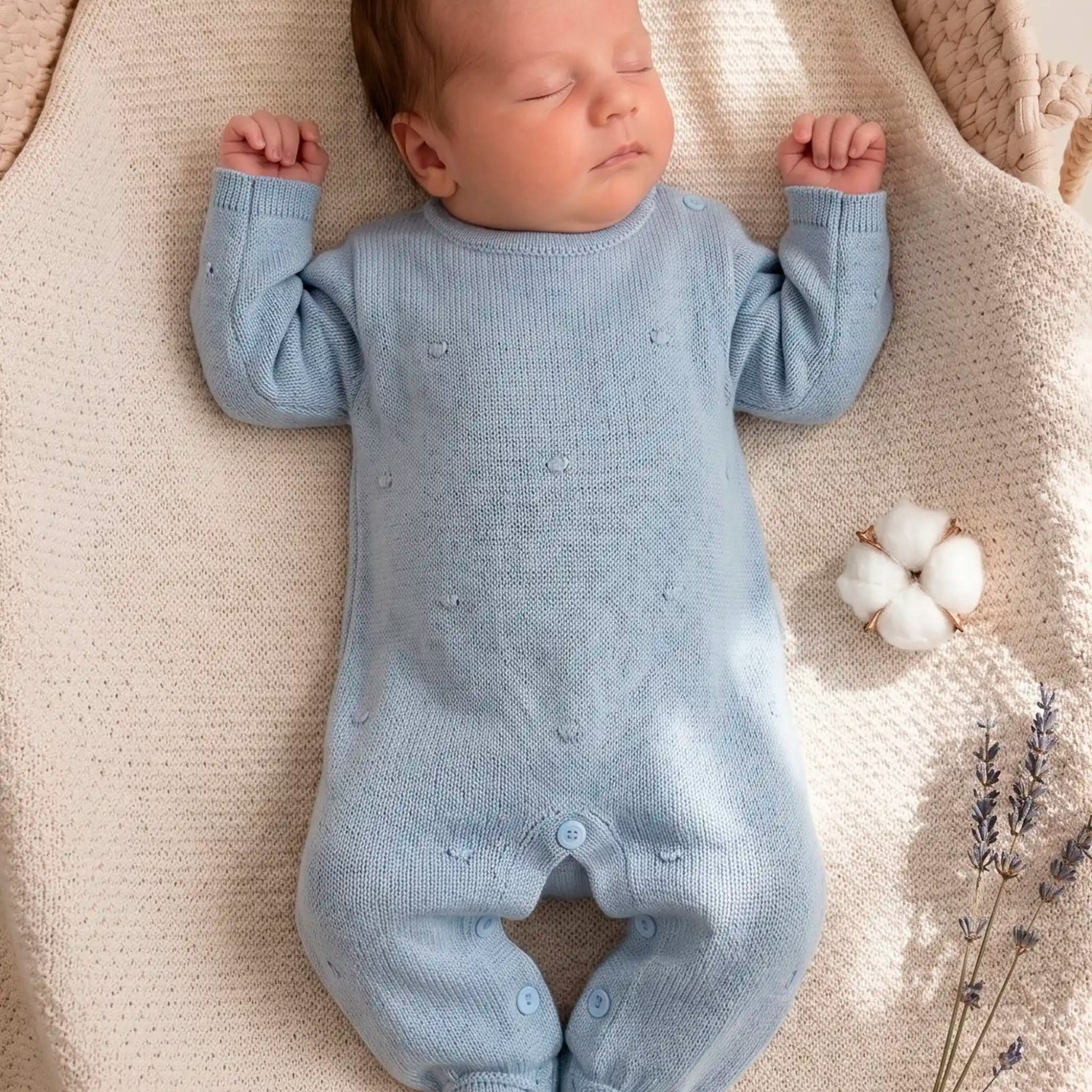 Macacão Bebê Menino Saída Maternidade em Tricot Azul Claro — foto 1