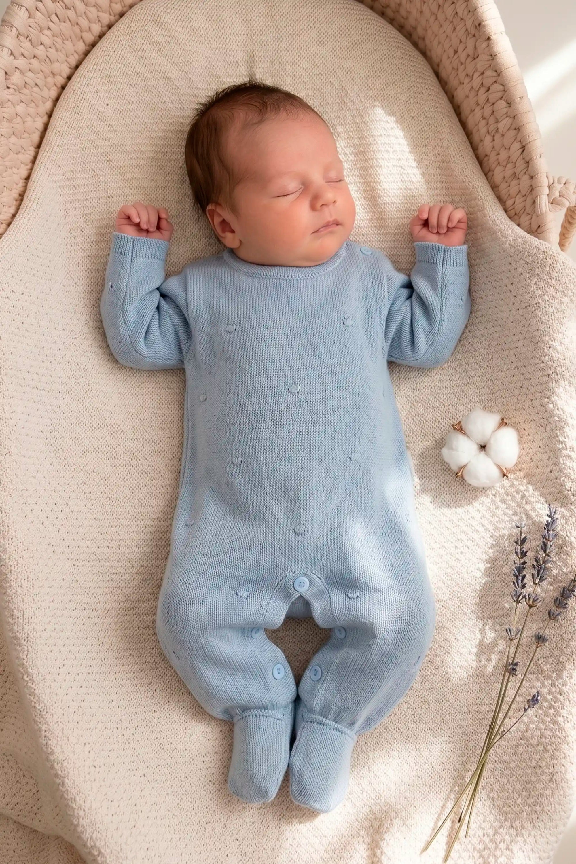 Macacão Bebê Menino Saída Maternidade em Tricot Azul Claro — foto 1