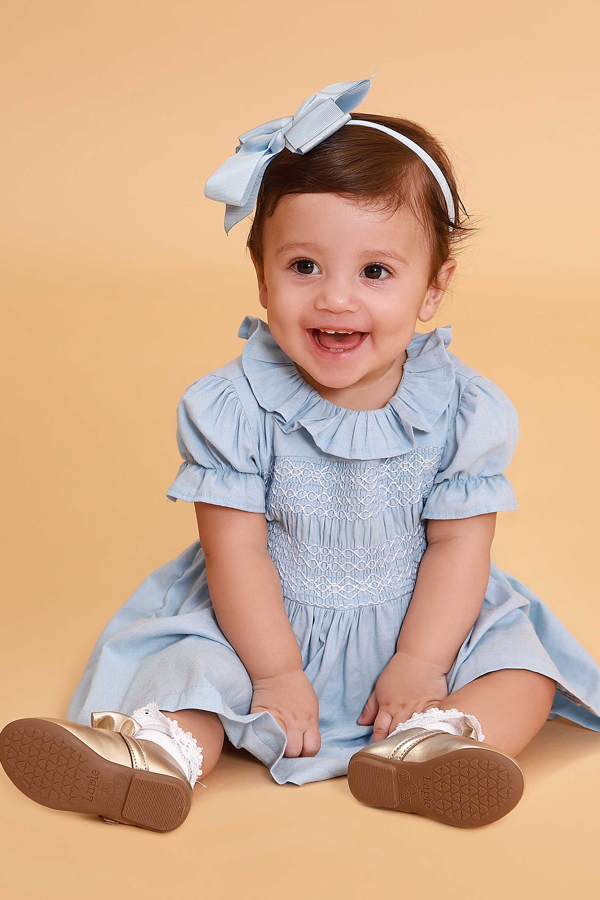 Vestido para Bebê Manga Curta Casinha de Abelha Azul Claro — foto 1