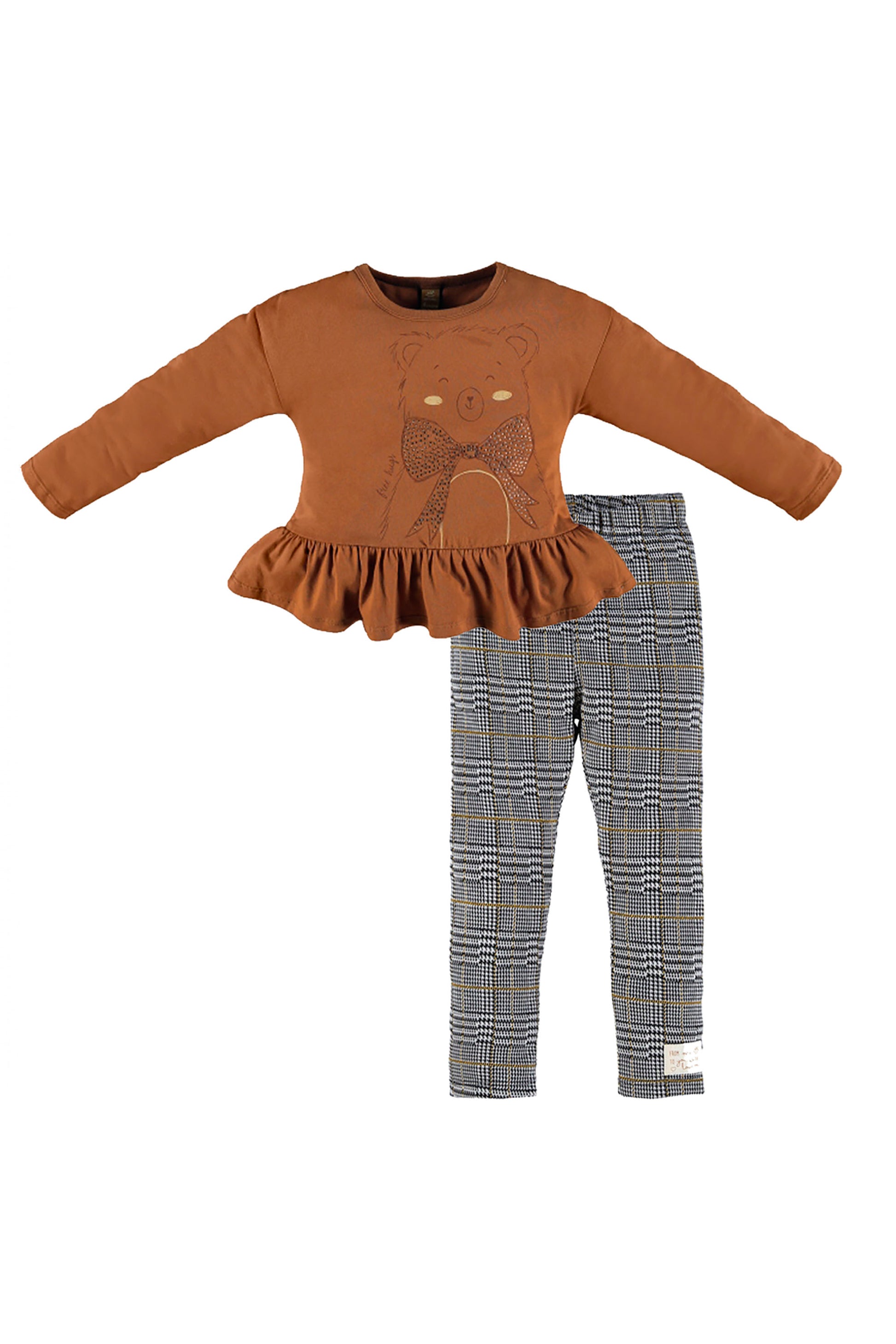 Conjunto Infantil Calça Legging Xadrez e Blusa Urso Marrom para Meninas — foto 1