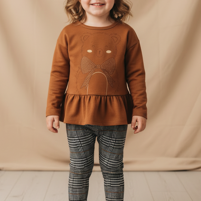 Conjunto Infantil Calça Legging Xadrez e Blusa Urso Marrom para Meninas