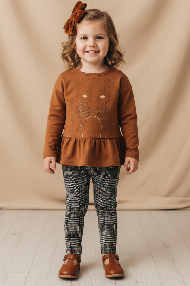 Conjunto Infantil Calça Legging Xadrez e Blusa Urso Marrom para Meninas