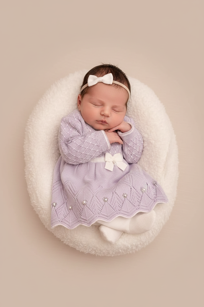 Saída de Maternidade Vestido Casinha de Abelha Lilás — foto 2