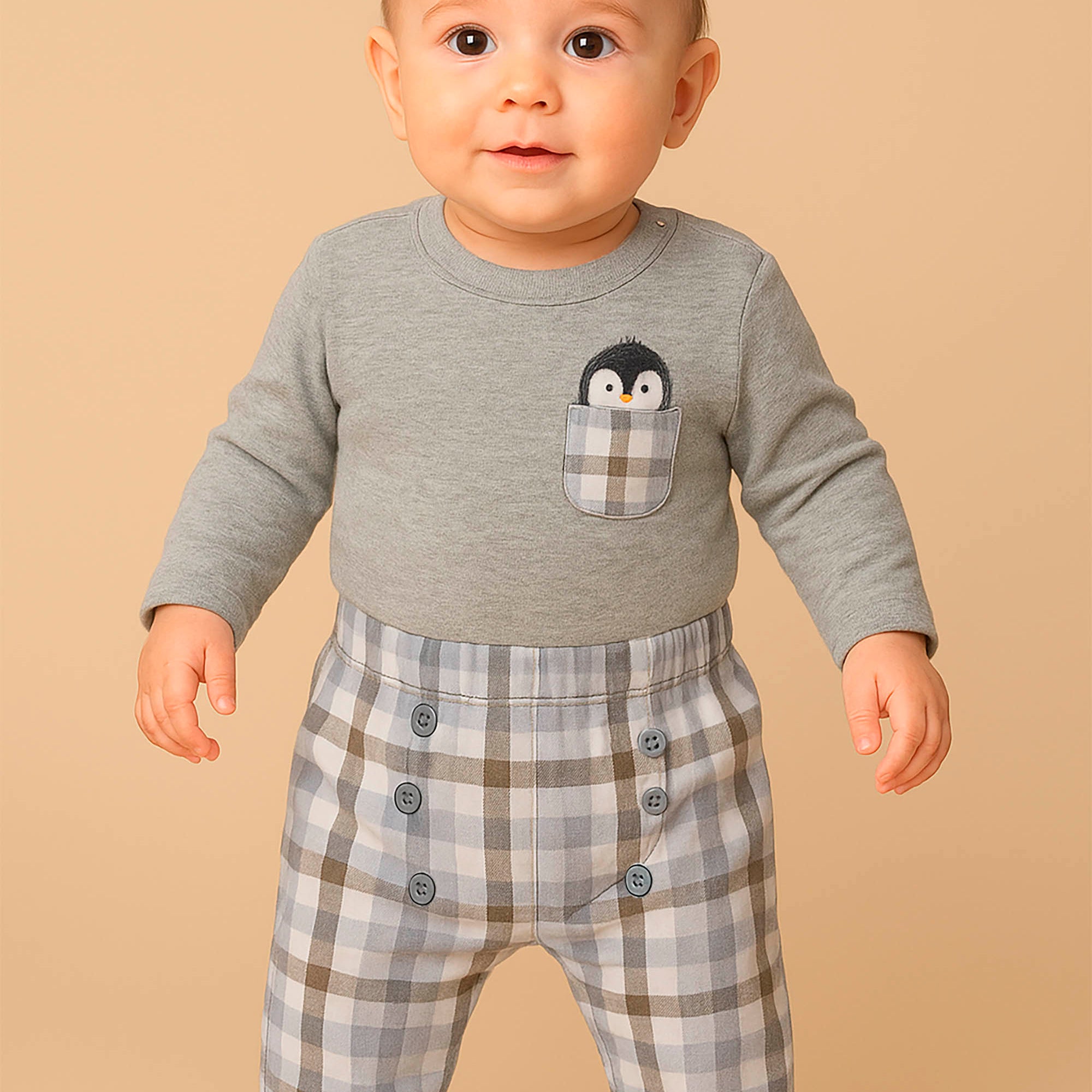 Conjunto Infantil Pinguim Cinza e Calça Xadrez — foto 1