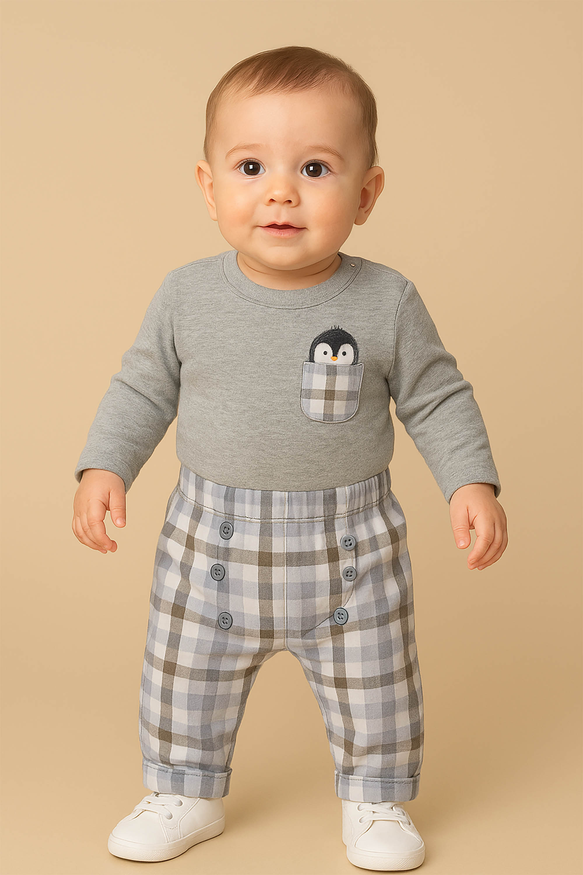 Conjunto Infantil Pinguim Cinza e Calça Xadrez — foto 1