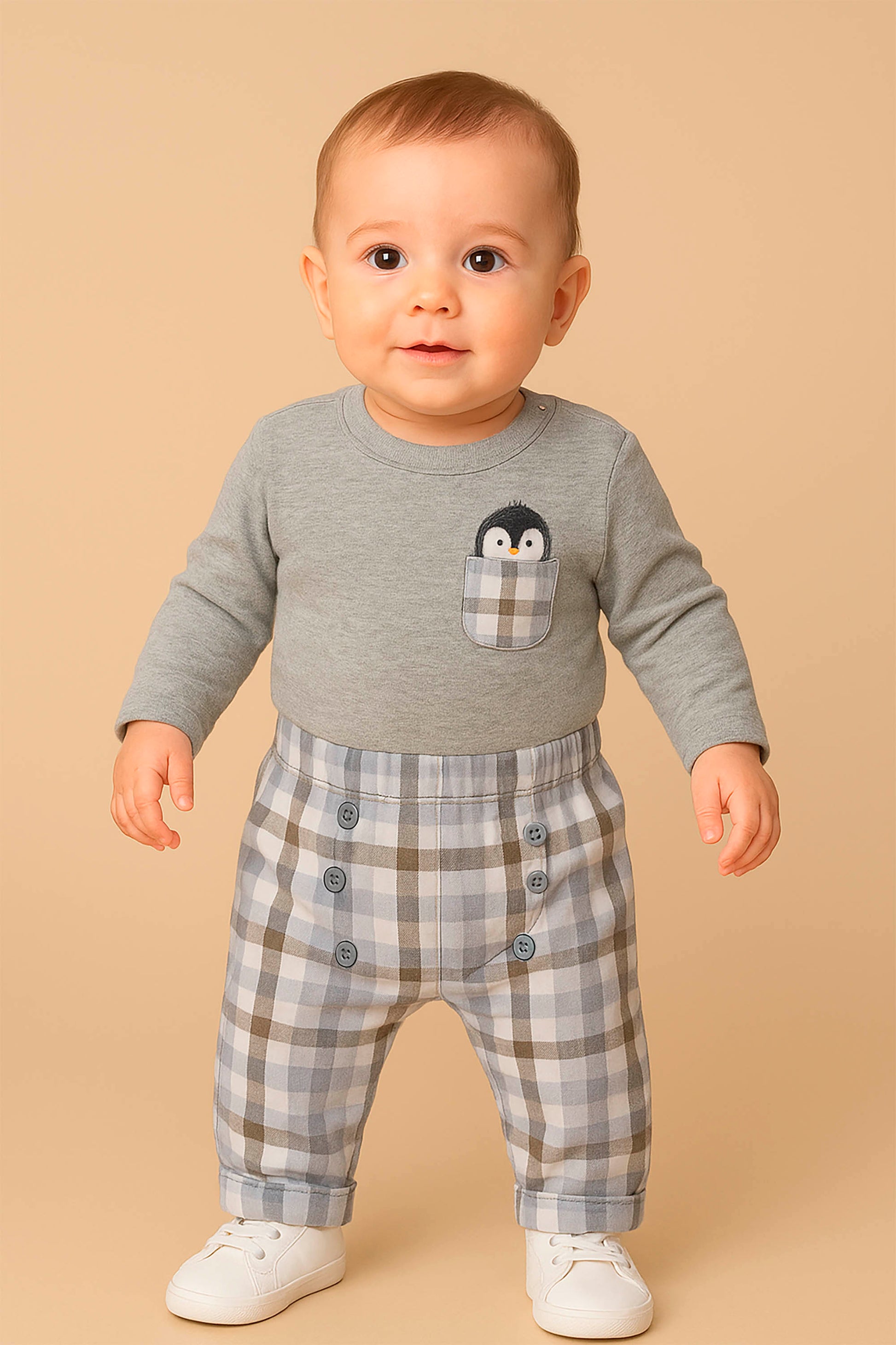 Conjunto Infantil Pinguim Cinza e Calça Xadrez — foto 1