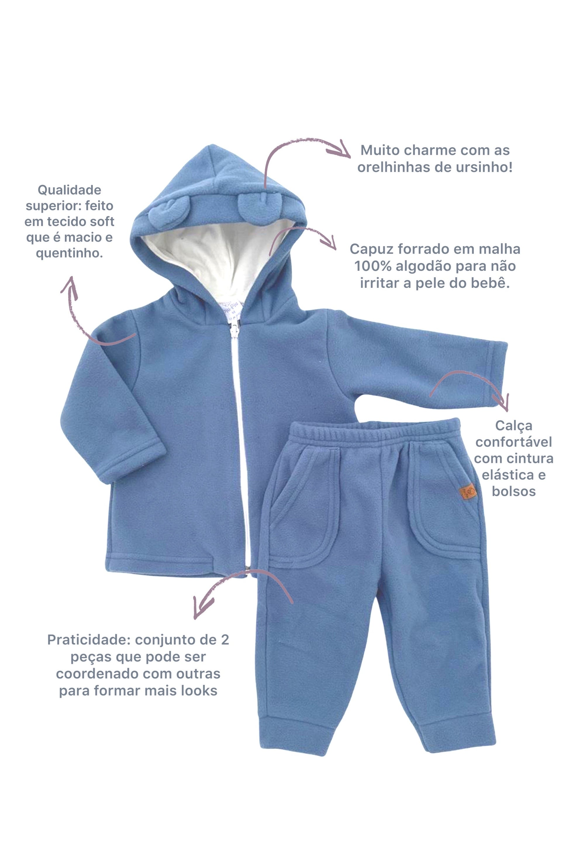 Conjunto Bebê Menino Soft Casaco e Calça Azul Médio — foto 2
