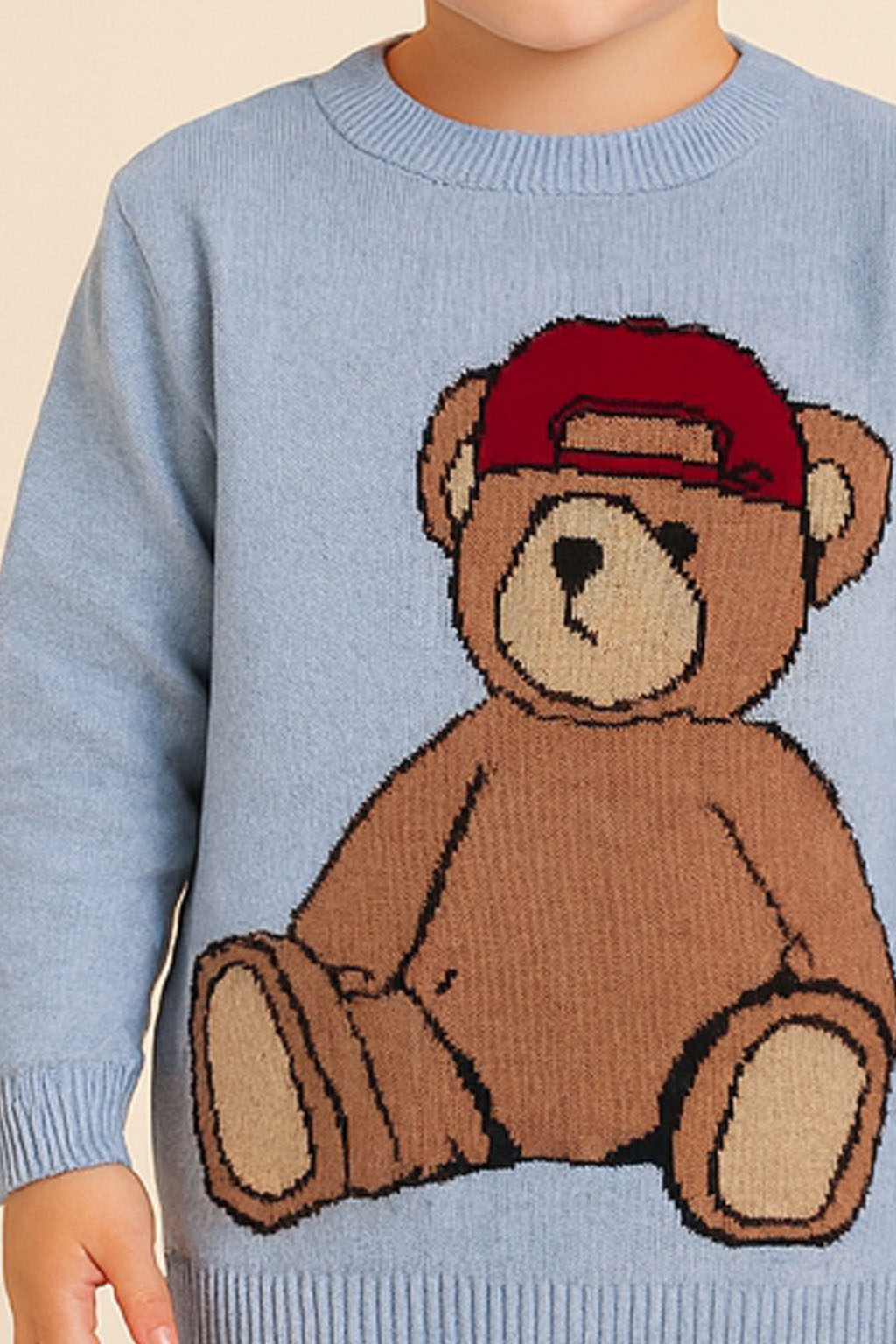 Malha em Tricot para Meninos Estampa Urso Boné Azul Claro — foto 2