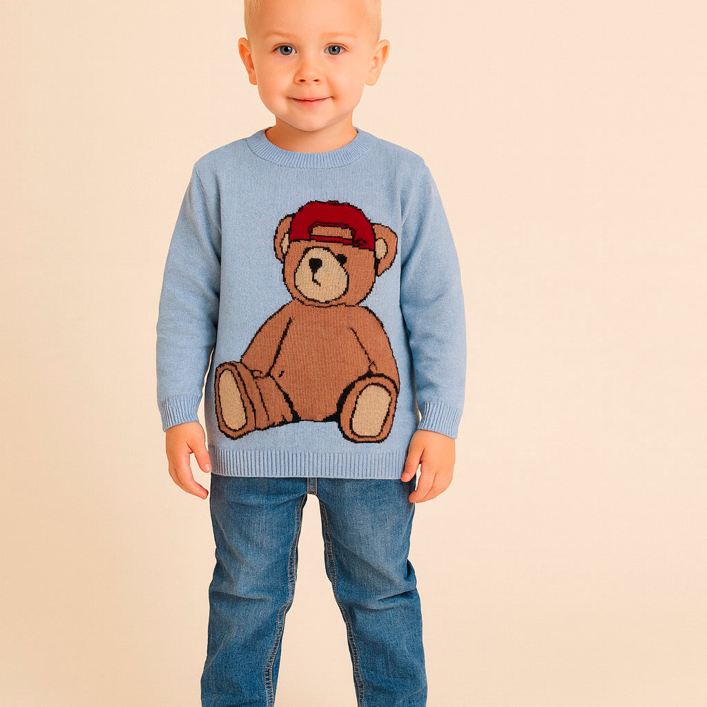Malha em Tricot para Meninos Estampa Urso Boné Azul Claro — foto 1
