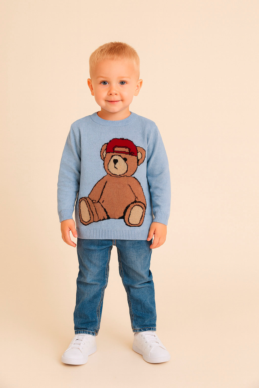 Malha em Tricot para Meninos Estampa Urso Boné Azul Claro — foto 1