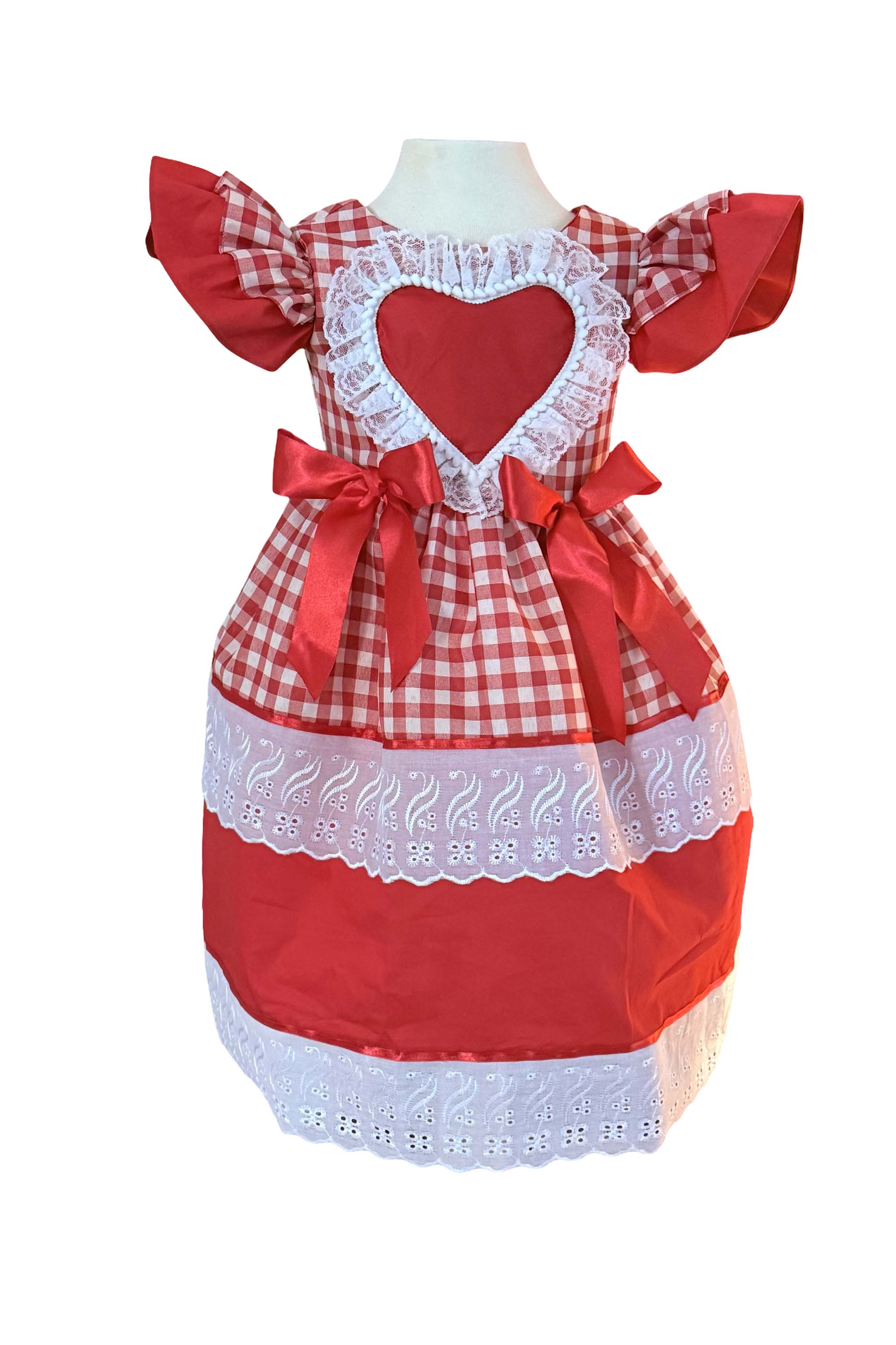 Vestido Junino Infantil Ana com Coração e Laços Vermelhos — foto 2