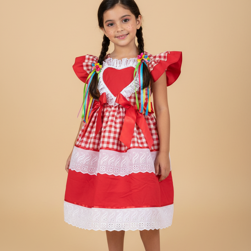 Vestido Junino Infantil Ana com Coração e Laços Vermelhos — foto 1