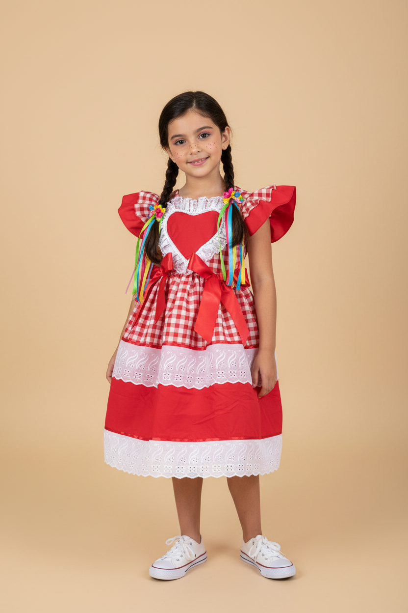 Vestido Junino Infantil Ana com Coração e Laços Vermelhos — foto 1
