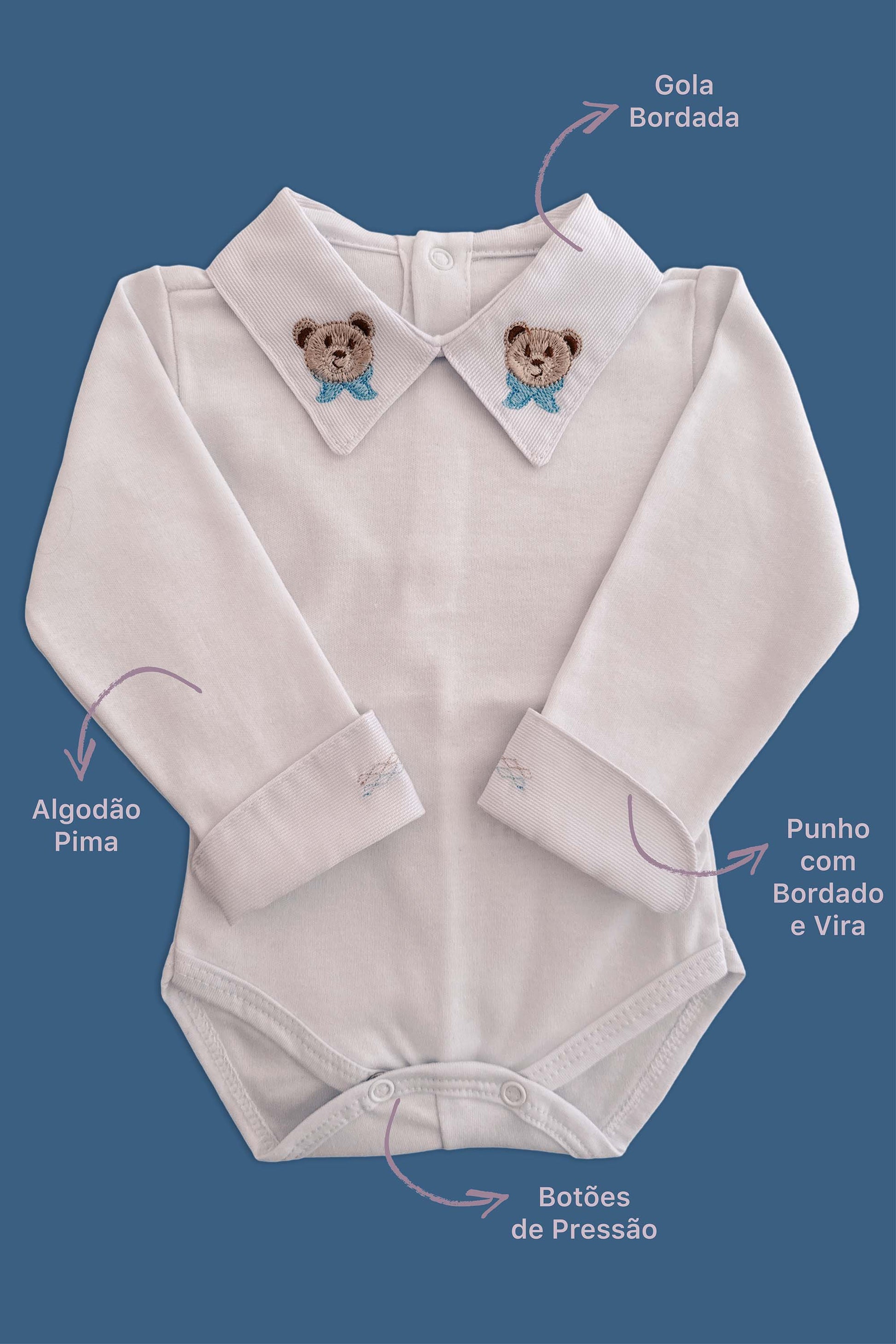 Body Bebê Manga Longa Algodão Pima Gola Urso Ted Lenço Azul Claro — foto 5