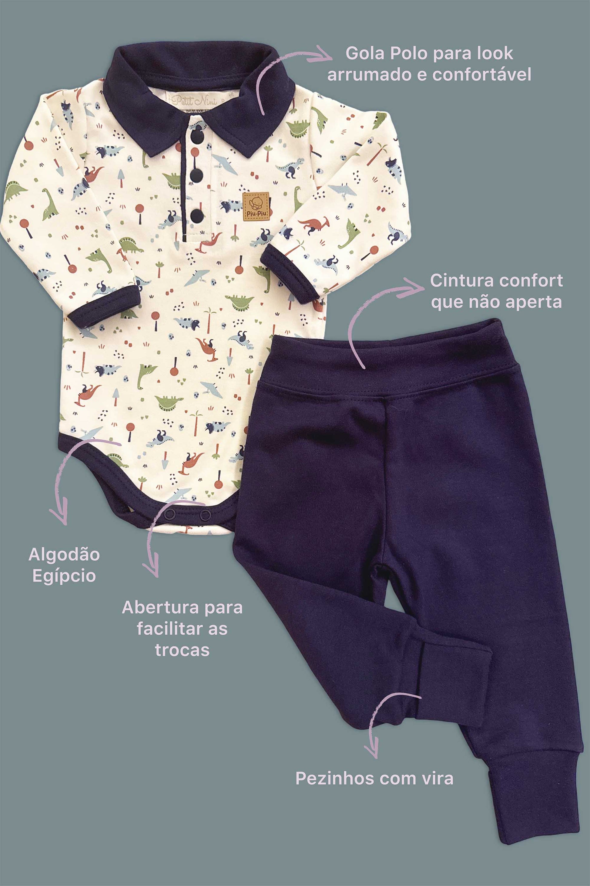 Conjunto Body e Calça para Bebê em Algodão Egípcio Estampa Dinossauros — foto 2