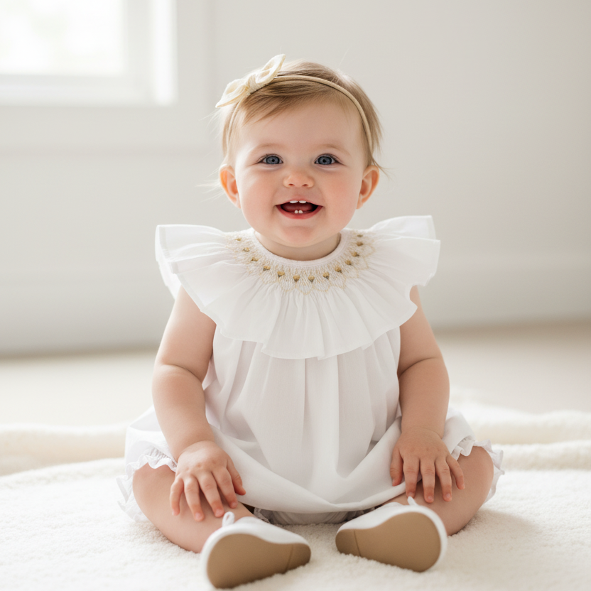 Vestido Bebê Russinho Branco Com Bordado Amarelo