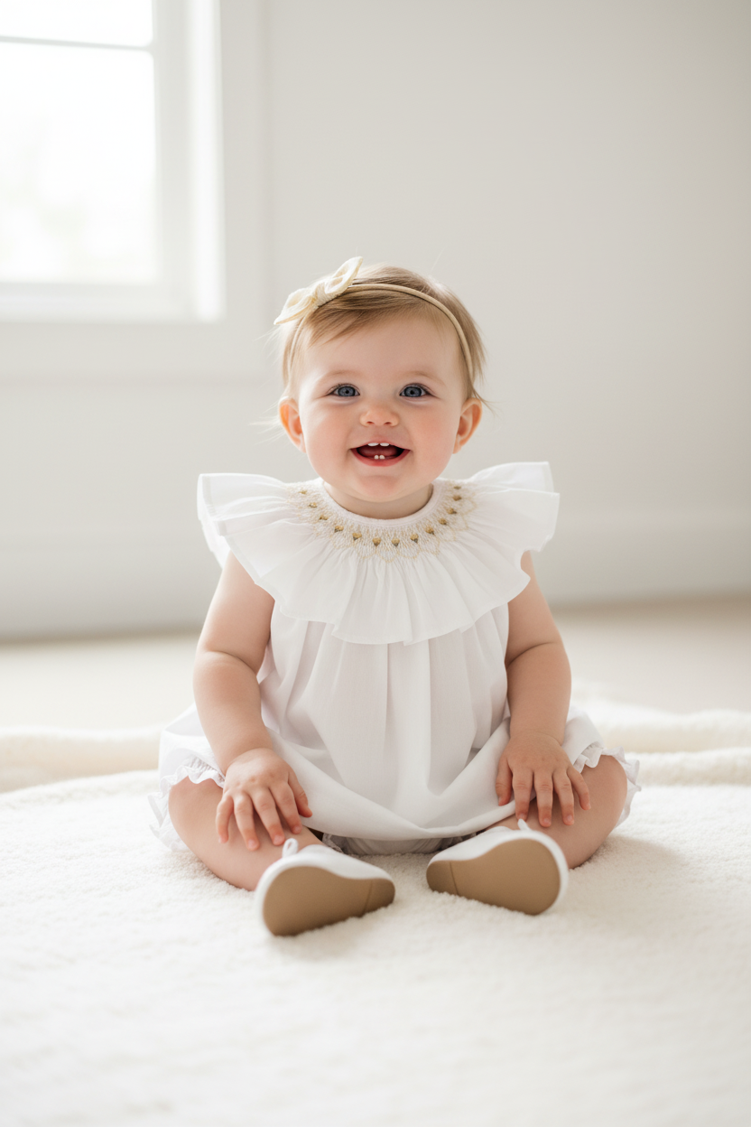 Vestido Bebê Russinho Branco Com Bordado Amarelo