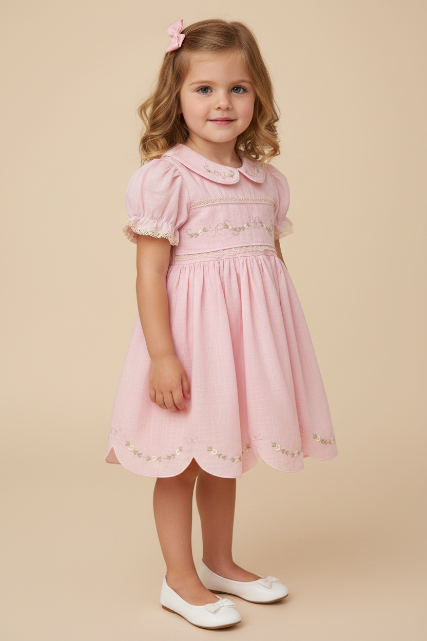 Vestido Bebê e Infantil em Linho Festone Rosa — foto 1