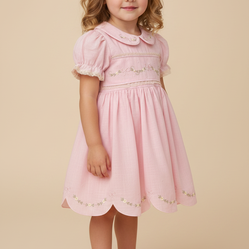Vestido Bebê e Infantil em Linho Festone Rosa — foto 1