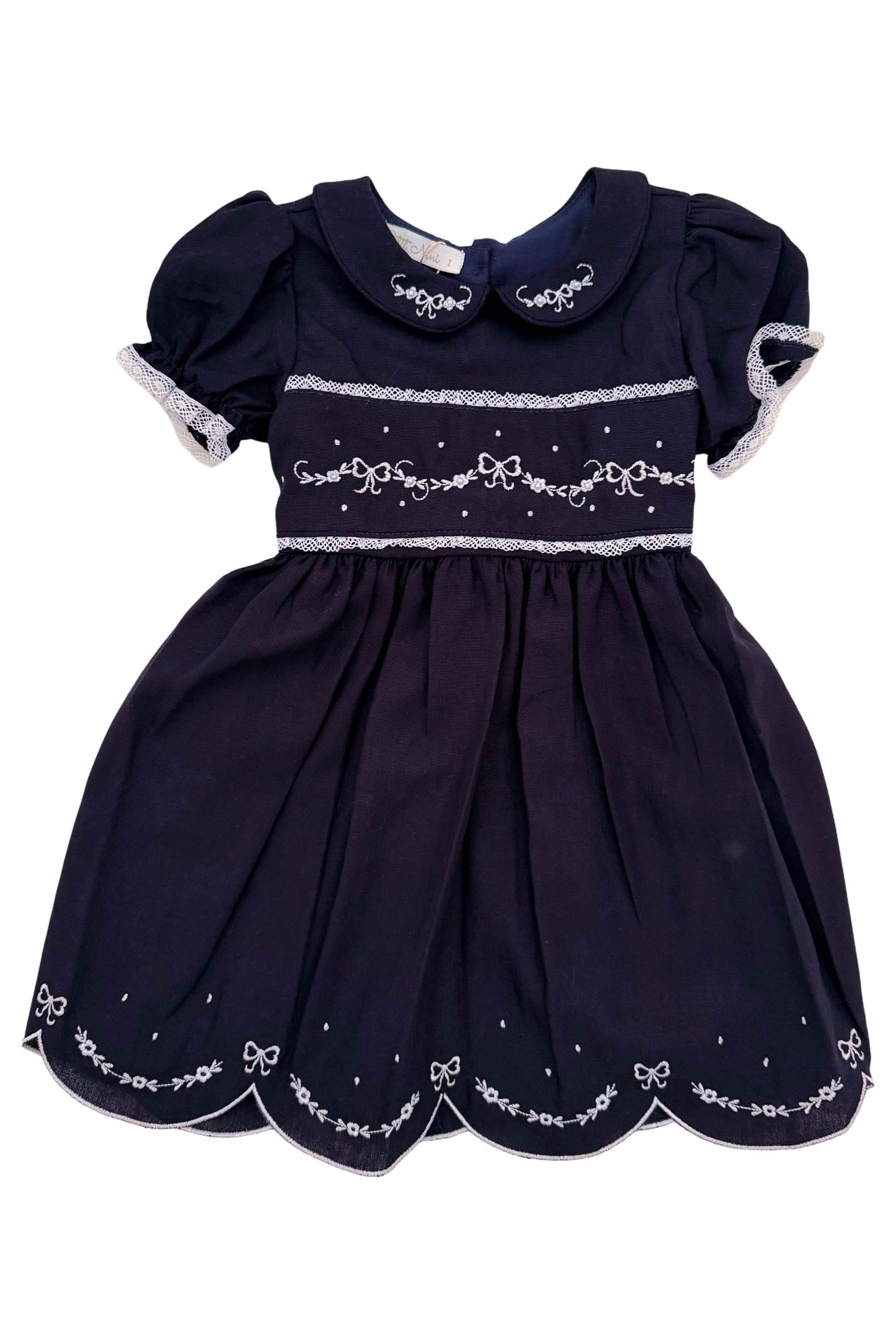 Vestido Infantil em Linho Bordado Festone Azul Marinho — foto 2