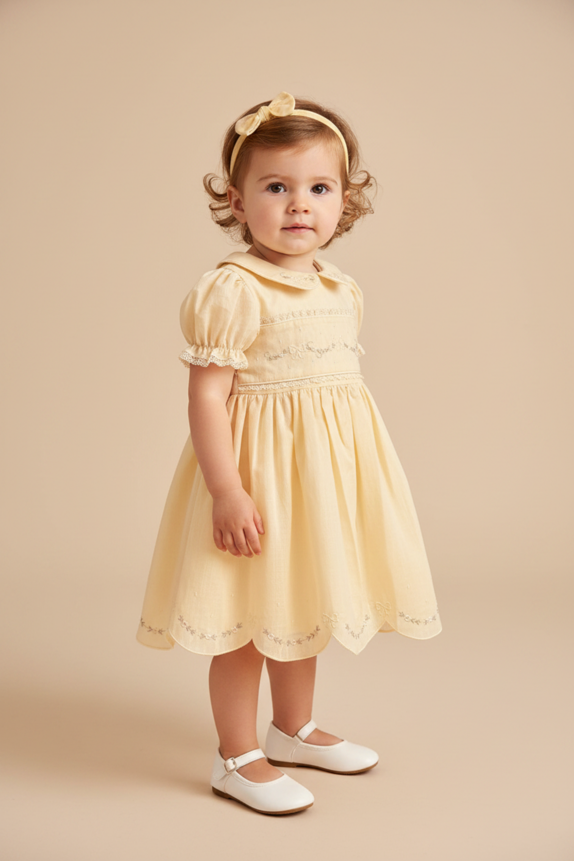 Vestido Infantil em Linho Festone Amarelo — foto 1