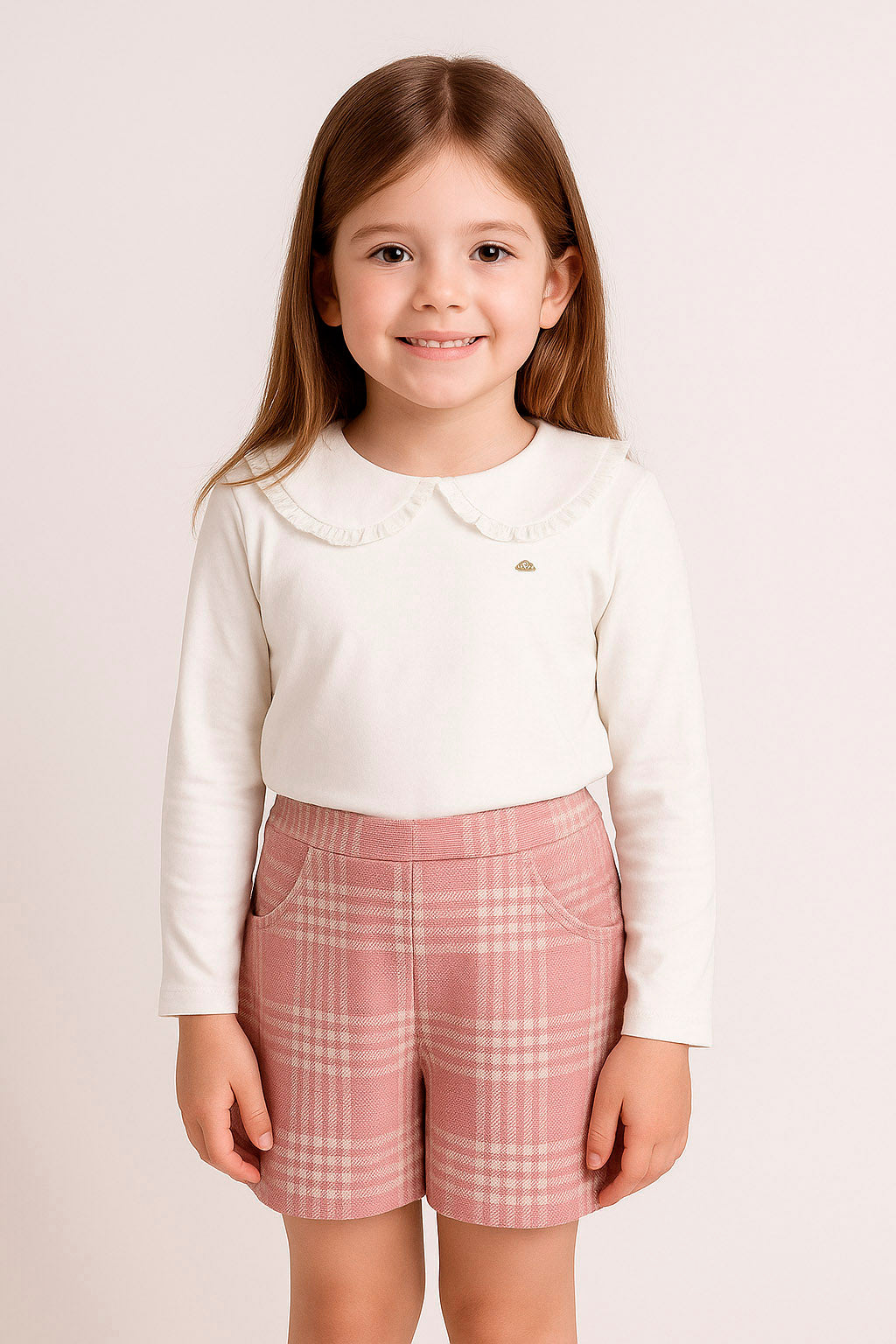 Conjunto Infantil Blusa Manga Longa e Shorts Xadrez para Meninas — foto 1