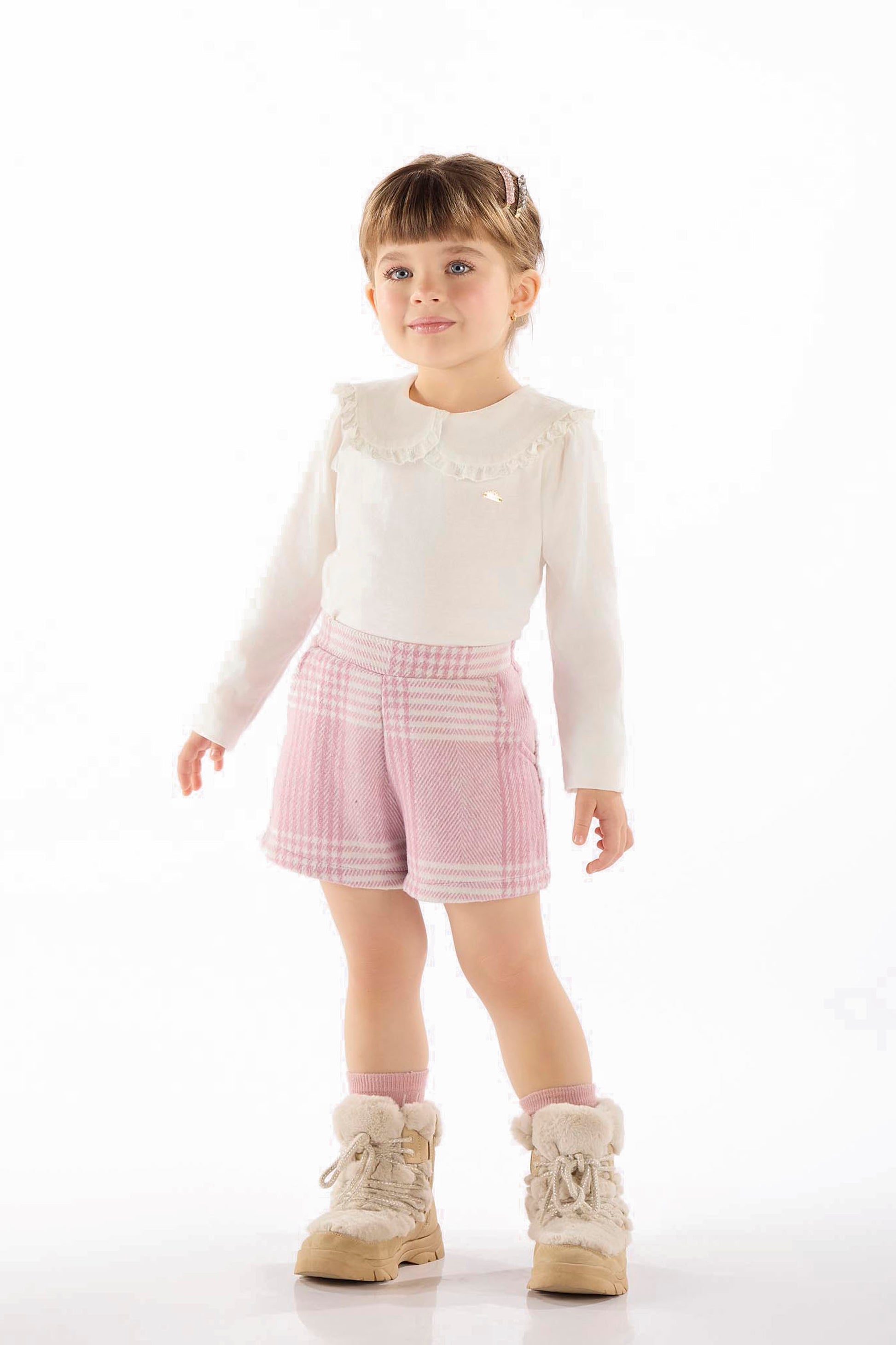 Conjunto Infantil Blusa Manga Longa e Shorts Xadrez para Meninas