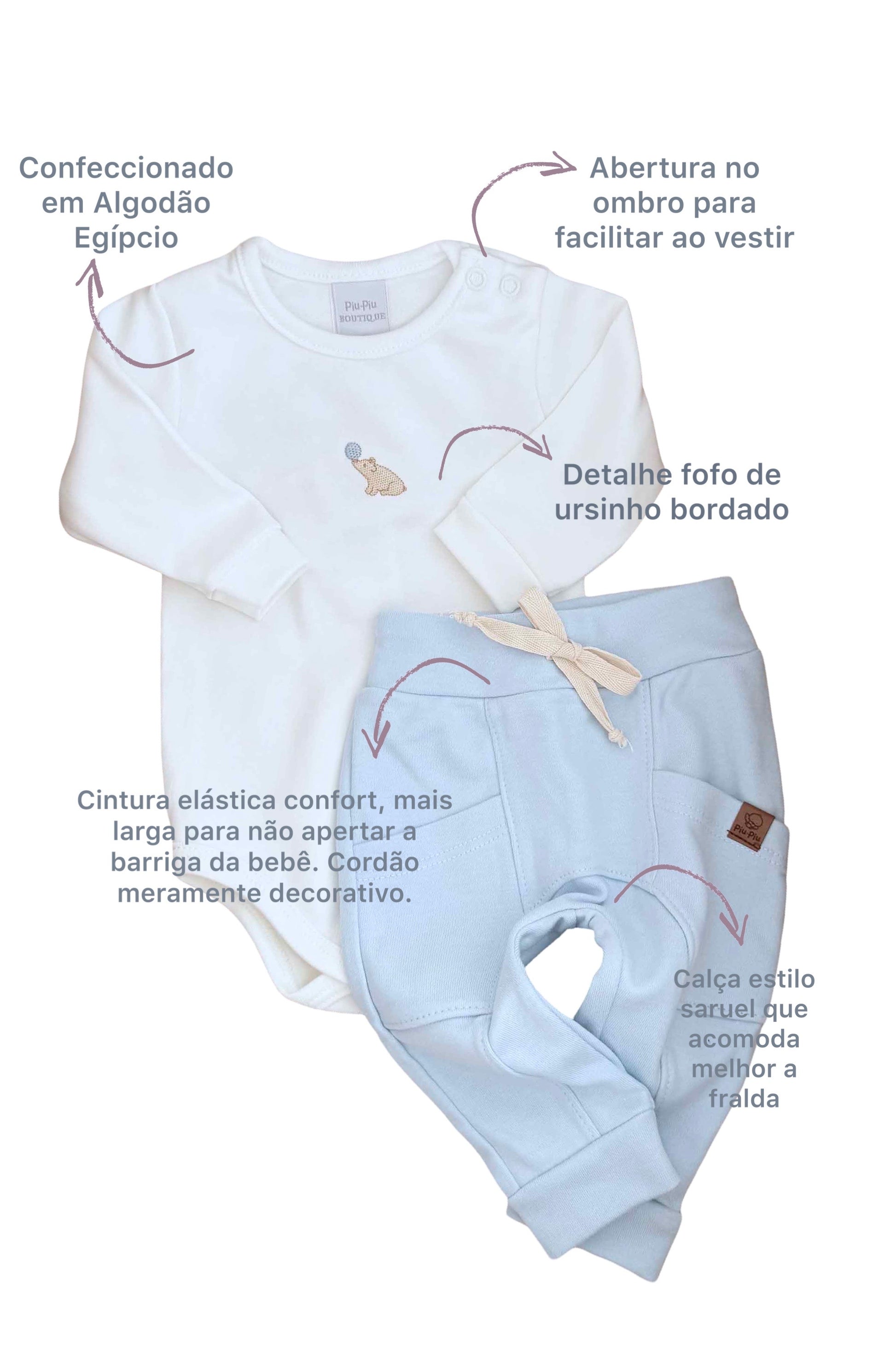 Conjunto para Bebê em Algodão Egípcio Calça e Body Bordado Ursinho — foto 2