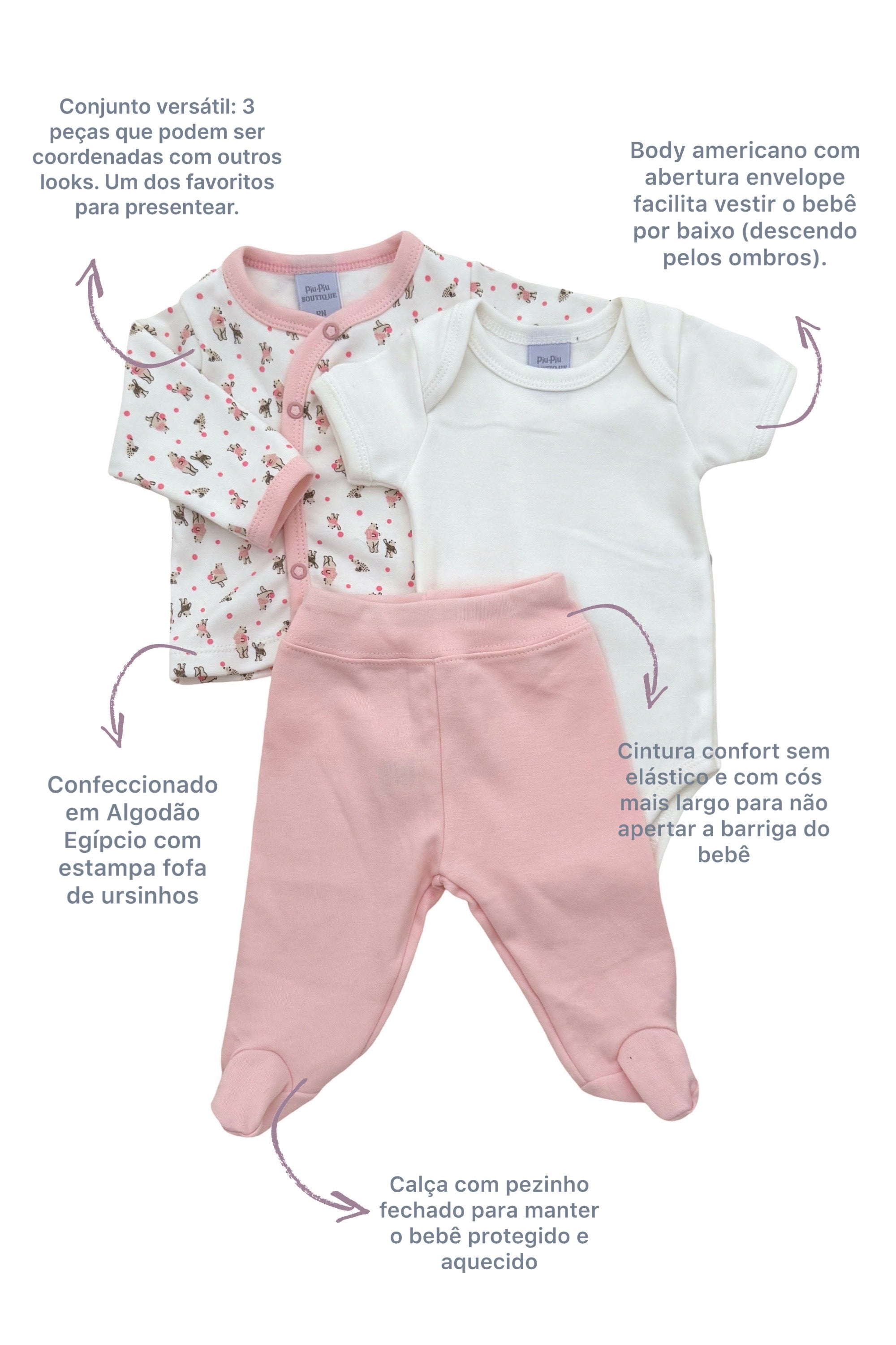 Conjunto para Bebê Algodão Egípcio Estampa Ursinhas Rosa — foto 2