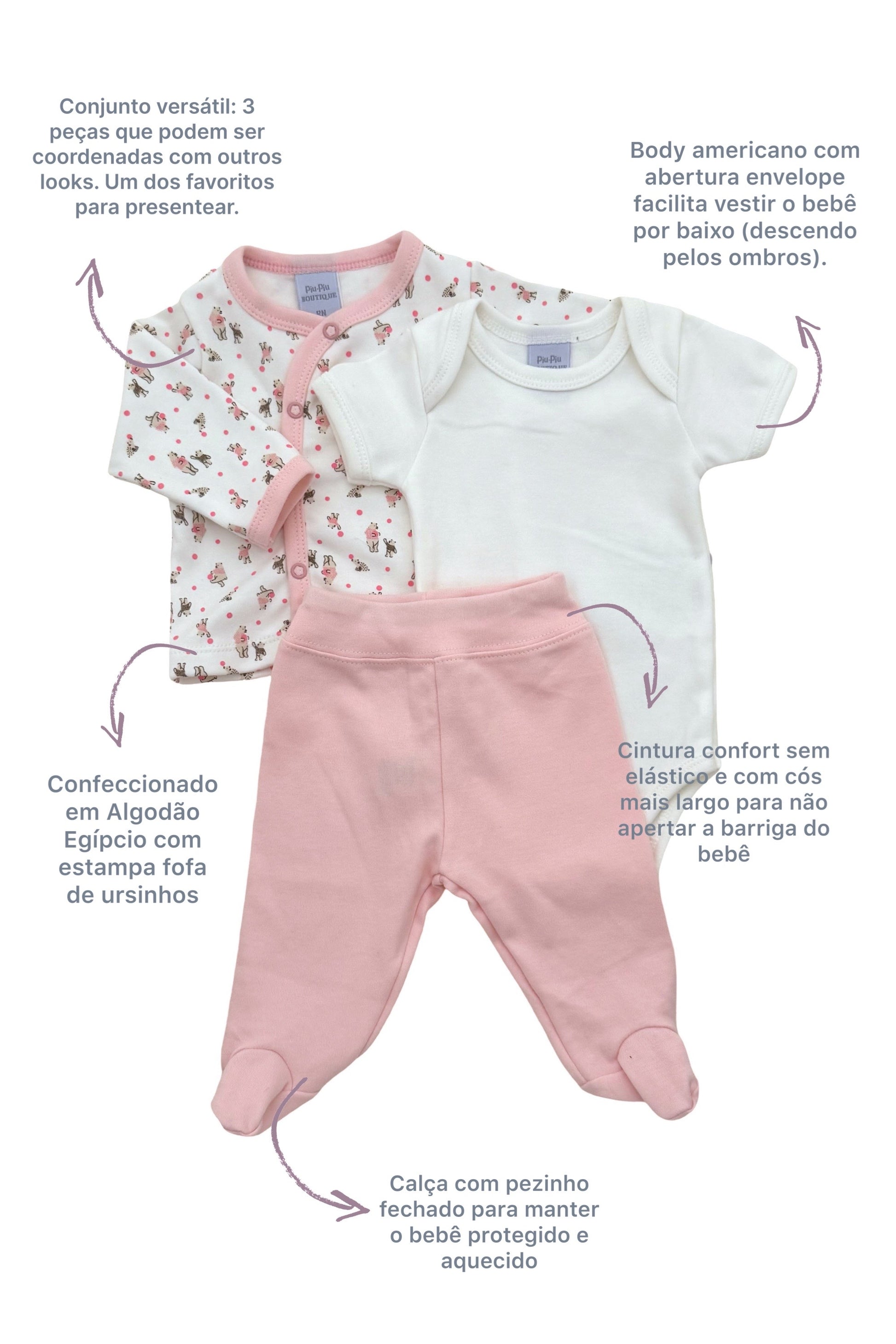 Conjunto para Bebê Algodão Egípcio Estampa Ursinhas Rosa — foto 2
