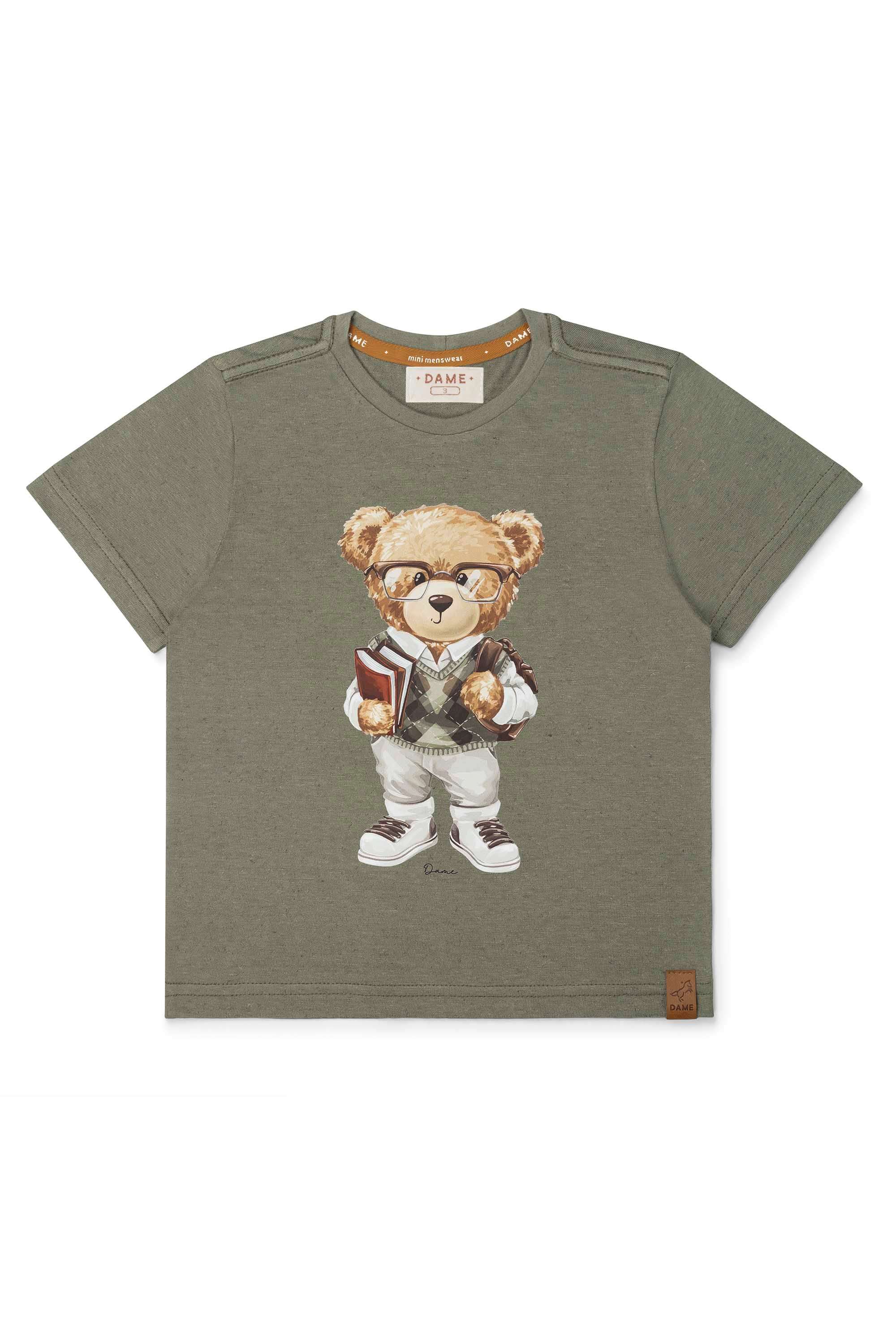 Camiseta Infantil Menino Estampa Urso Nerd Verde Oregano — foto 1