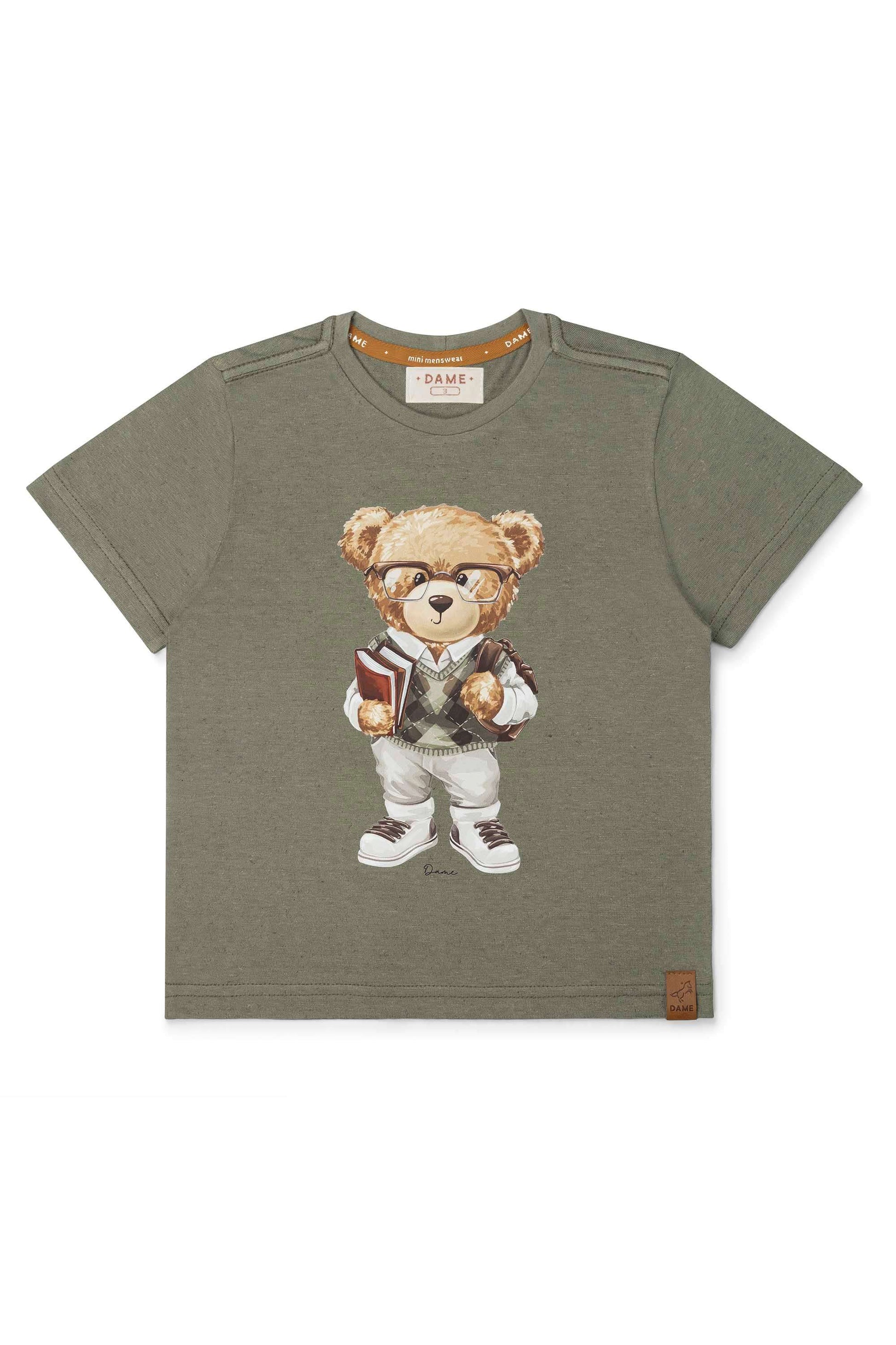 Camiseta Infantil Menino Estampa Urso Nerd Verde Oregano — foto 1