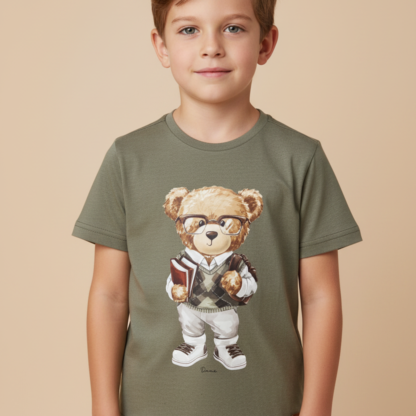Camiseta Infantil Menino Estampa Urso Nerd Verde Oregano - Dame Dos