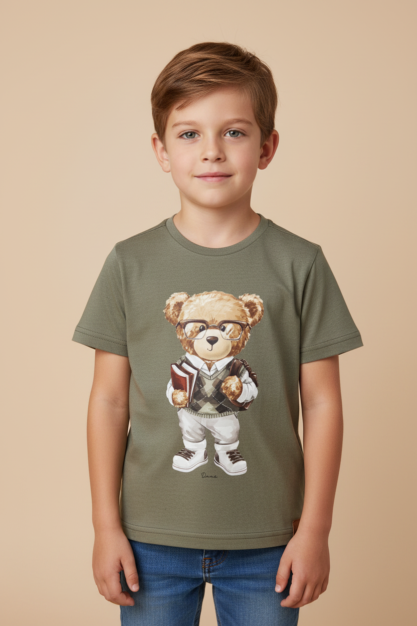 Camiseta Infantil Menino Estampa Urso Nerd Verde Oregano - Dame Dos