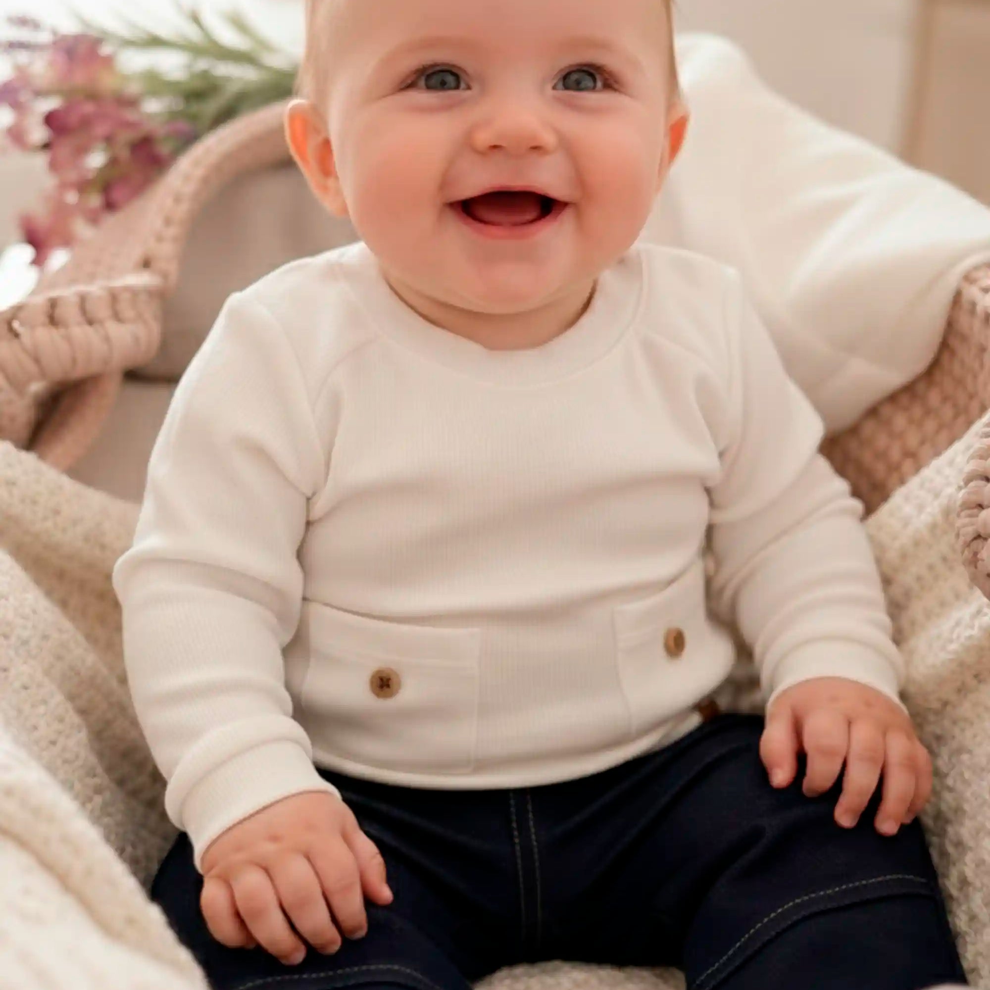 Conjunto Bebê Malha Tricotada Off White com Calça Molecotton Jeans — foto 1