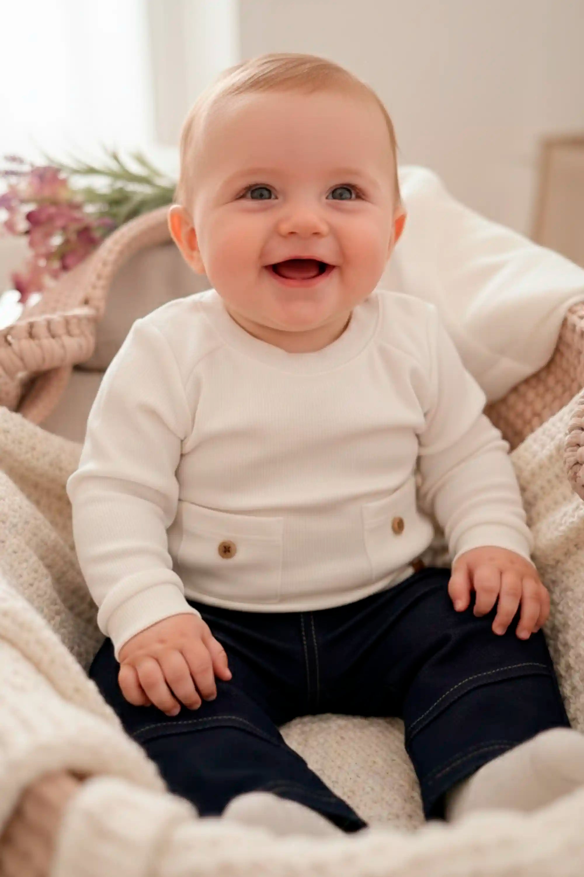 Conjunto Bebê Malha Tricotada Off White com Calça Molecotton Jeans — foto 1
