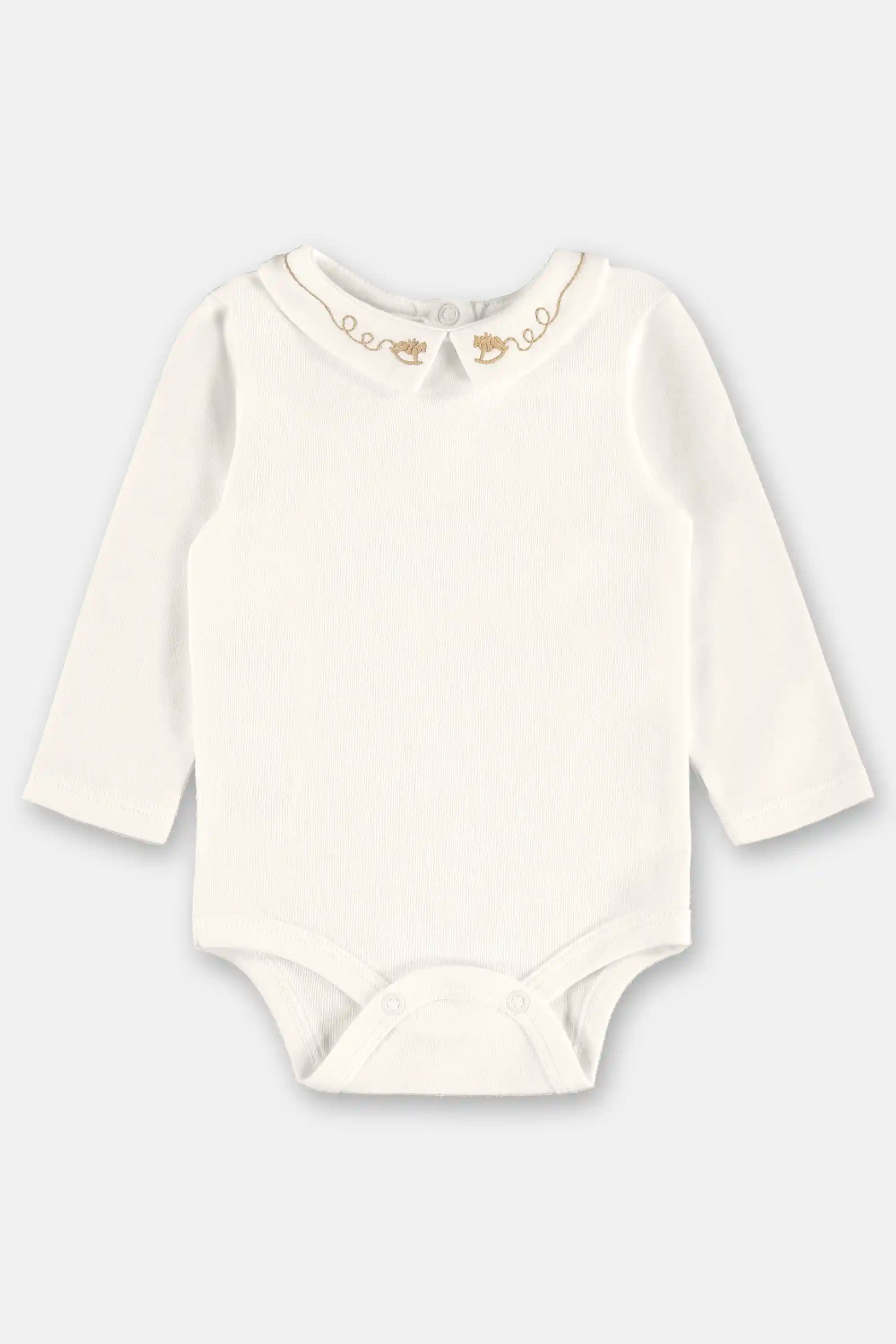 Body Bebê Manga Longa Off White com Gola Bordada Cavalinho — foto 3