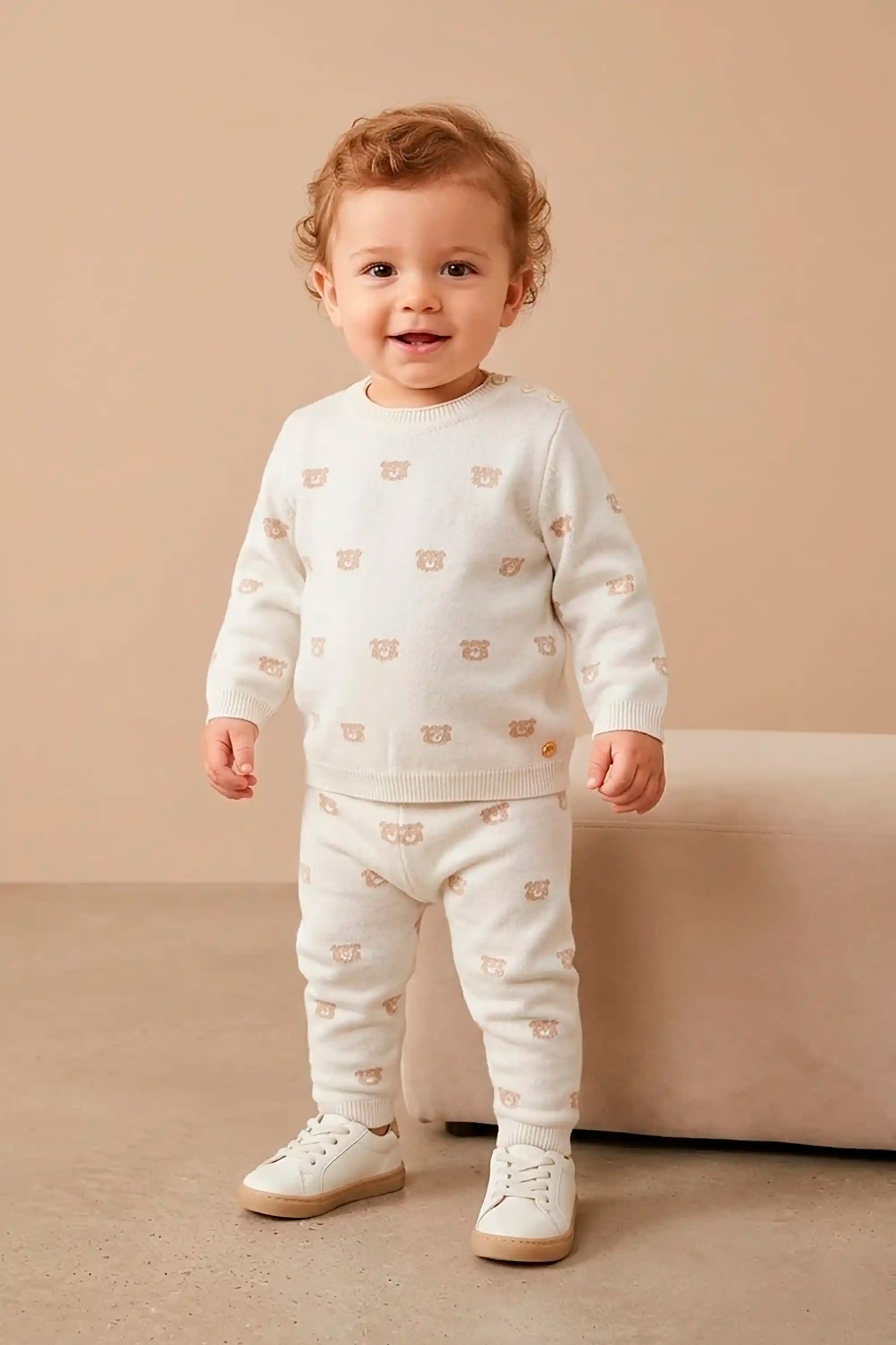 Conjunto Infantil em Tricô Premium Ursinhos Blusa e Calça Off White — foto 1