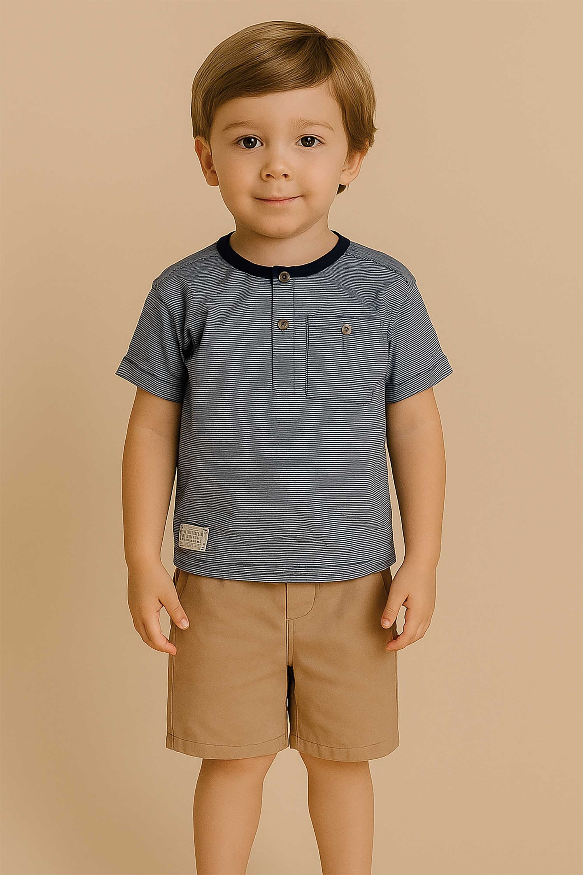Conjunto Infantil Masculino com Camiseta Blend e Bermuda em Sarja Cáqui — foto 1