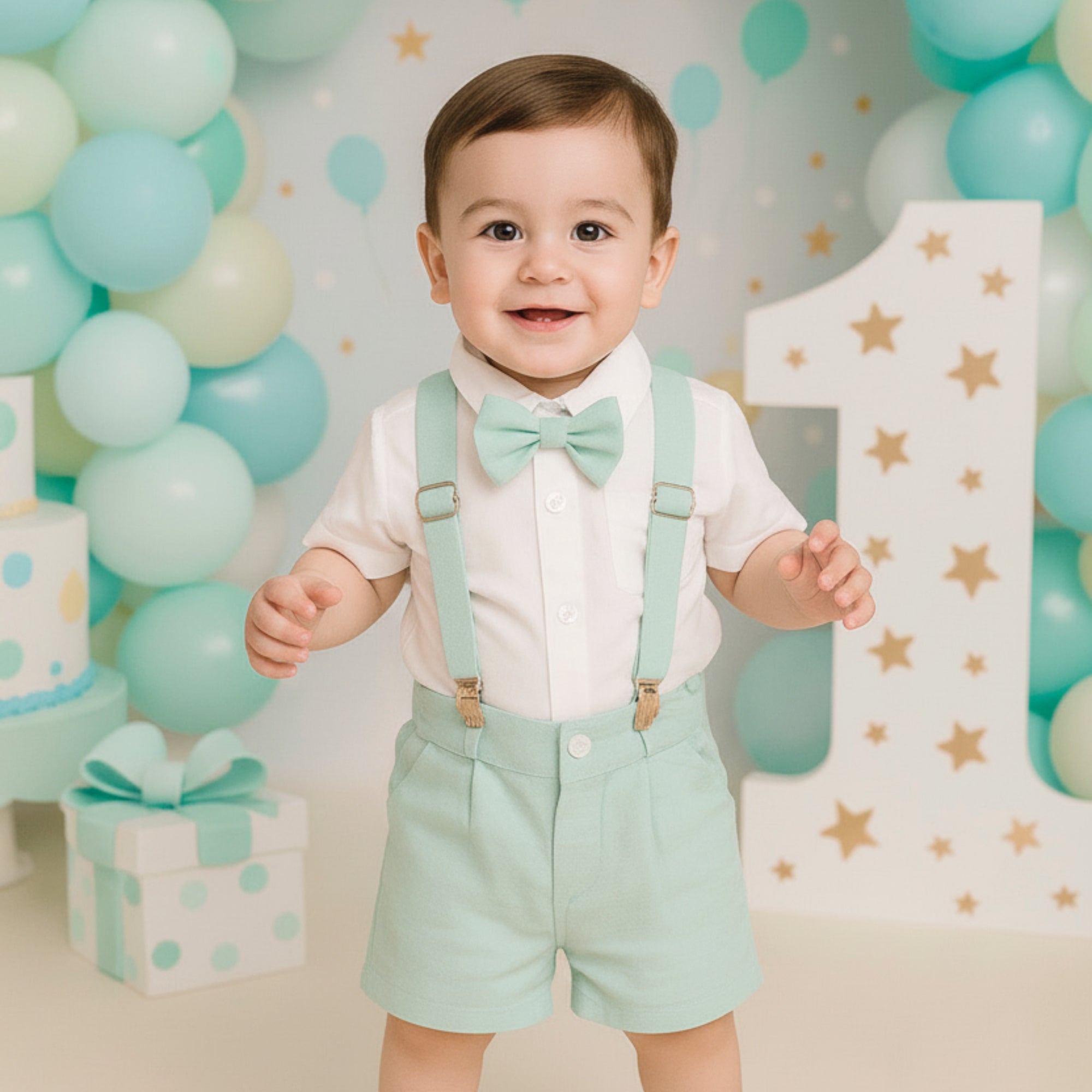 Conjunto Social Bebê Menino Bermuda com Suspensório e Gravata Verde — foto 1