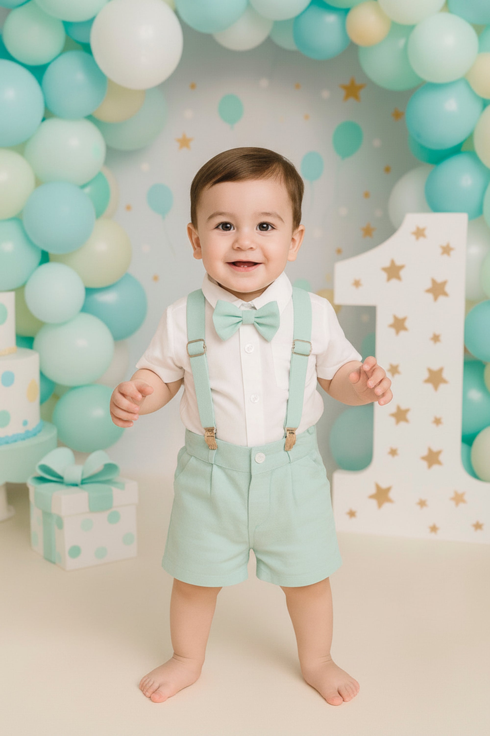 Conjunto Social Bebê Menino Bermuda com Suspensório e Gravata Verde — foto 1