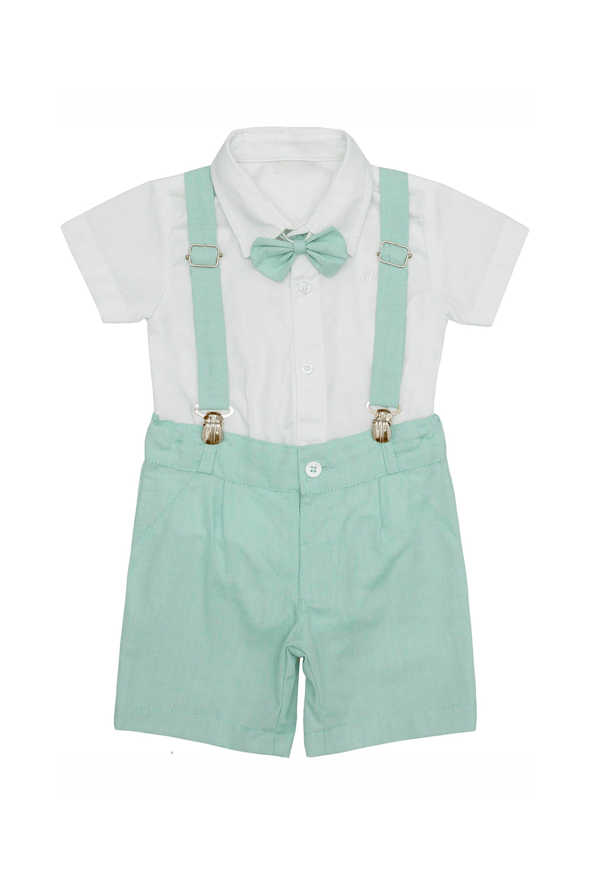 Conjunto Social Bebê Menino Bermuda com Suspensório e Gravata Verde — foto 2