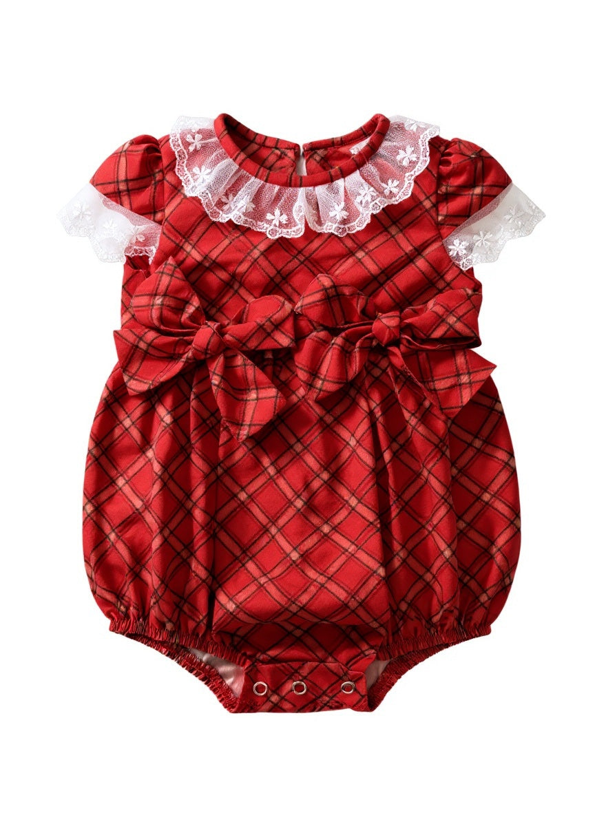 Romper Bebê Xadrez Vermelho com Laços Look Natal e Ensaio — foto 2