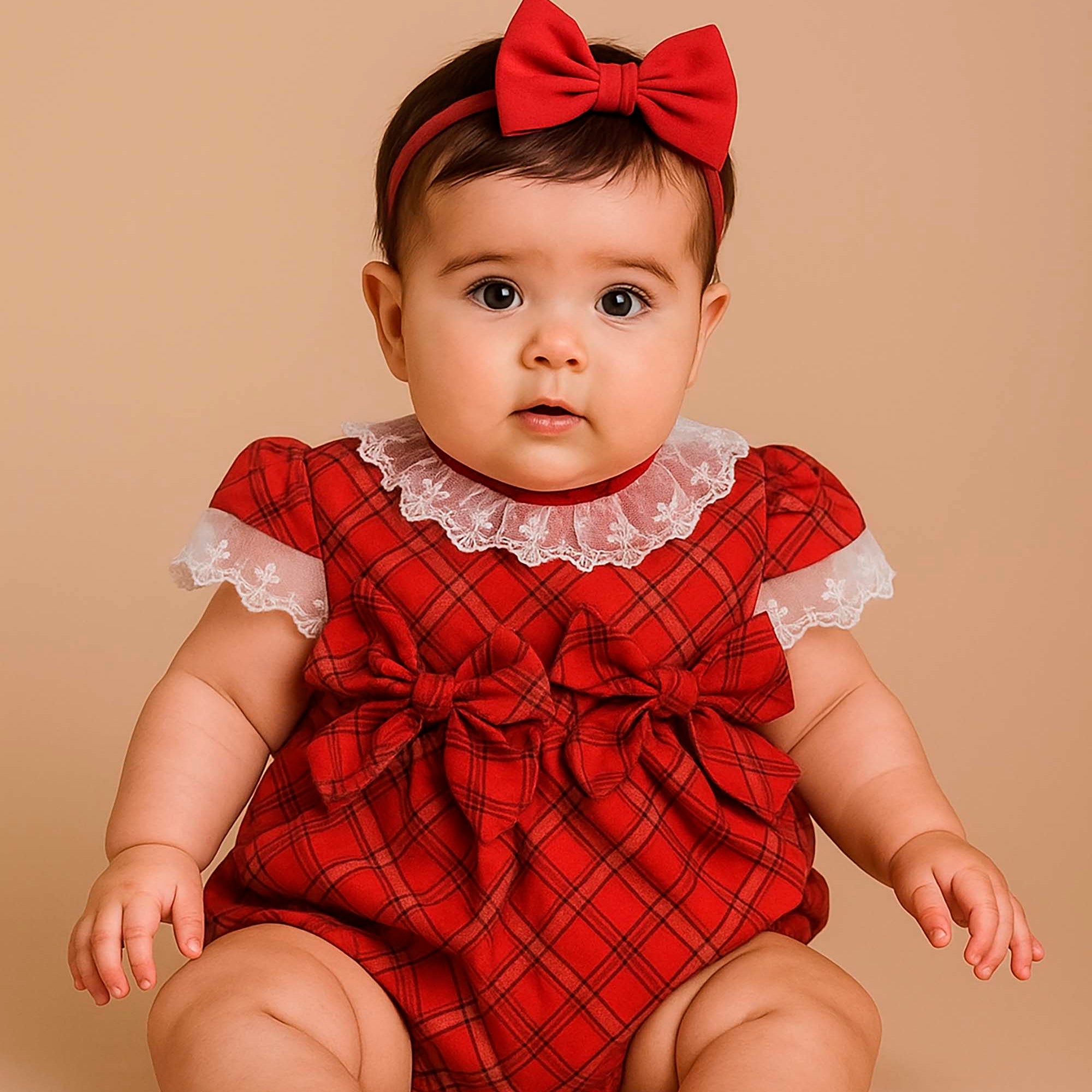 Romper Bebê Xadrez Vermelho com Laços Look Natal e Ensaio — foto 1