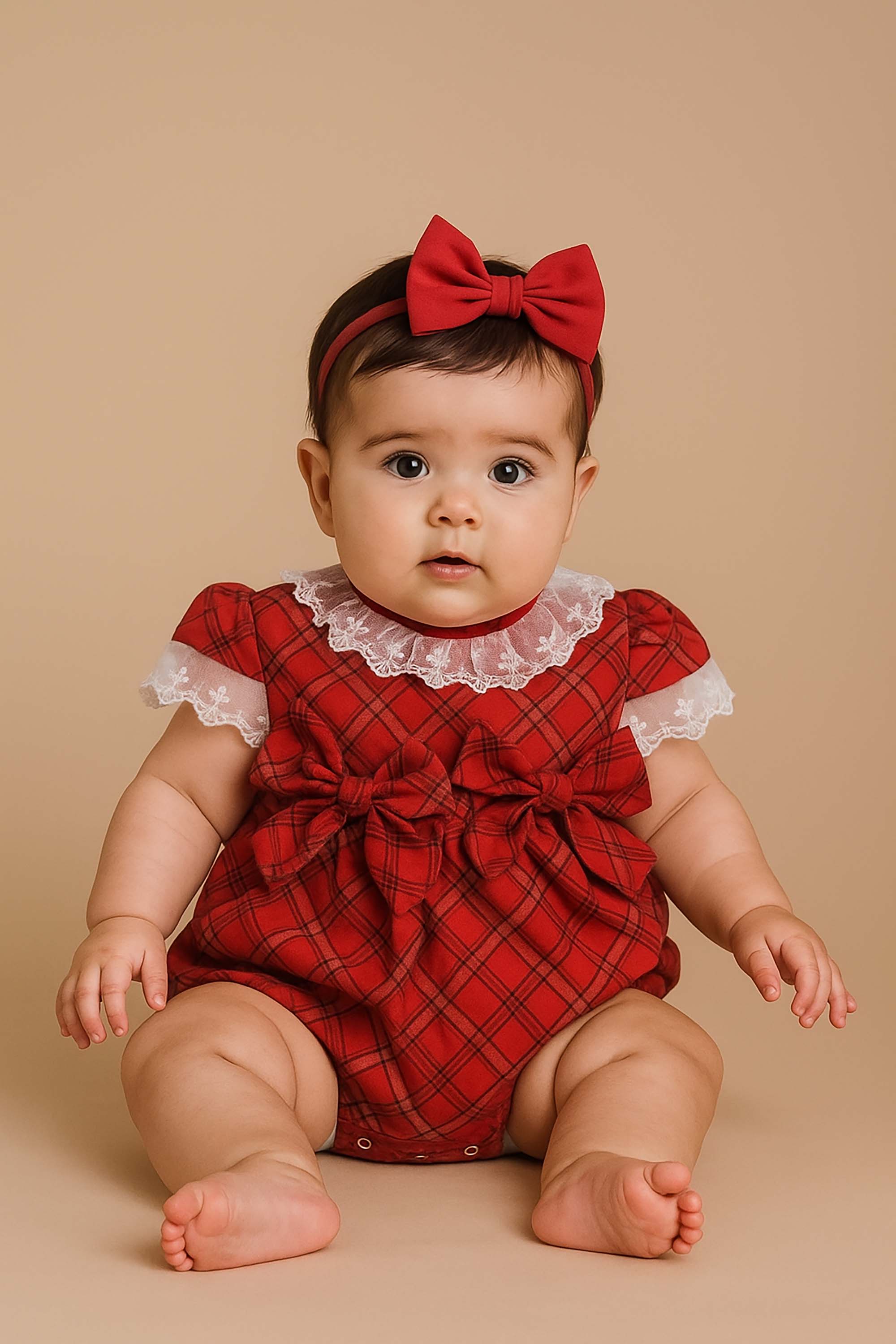 Romper Bebê Xadrez Vermelho com Laços Look Natal e Ensaio — foto 1