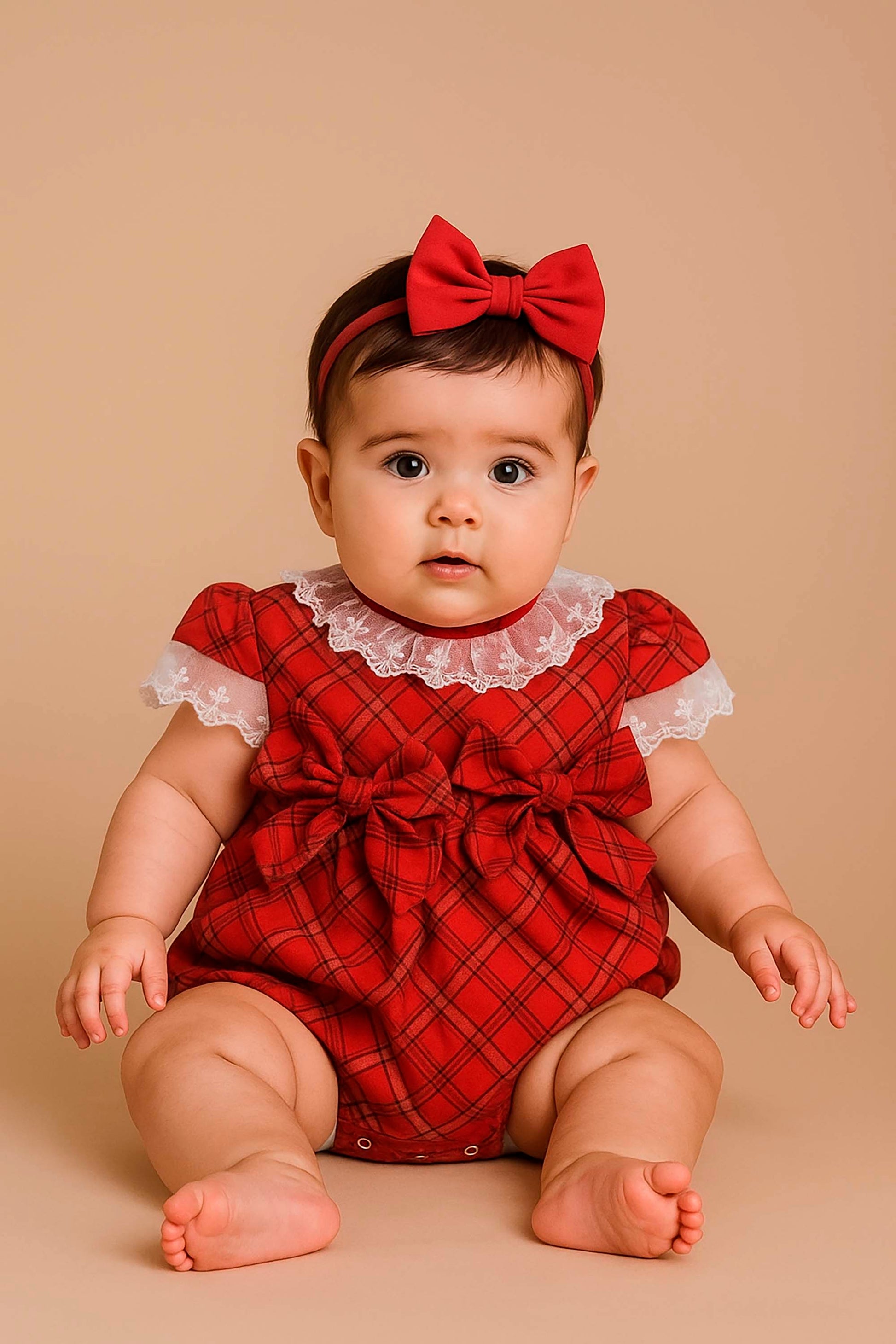 Romper Bebê Xadrez Vermelho com Laços Look Natal e Ensaio — foto 1