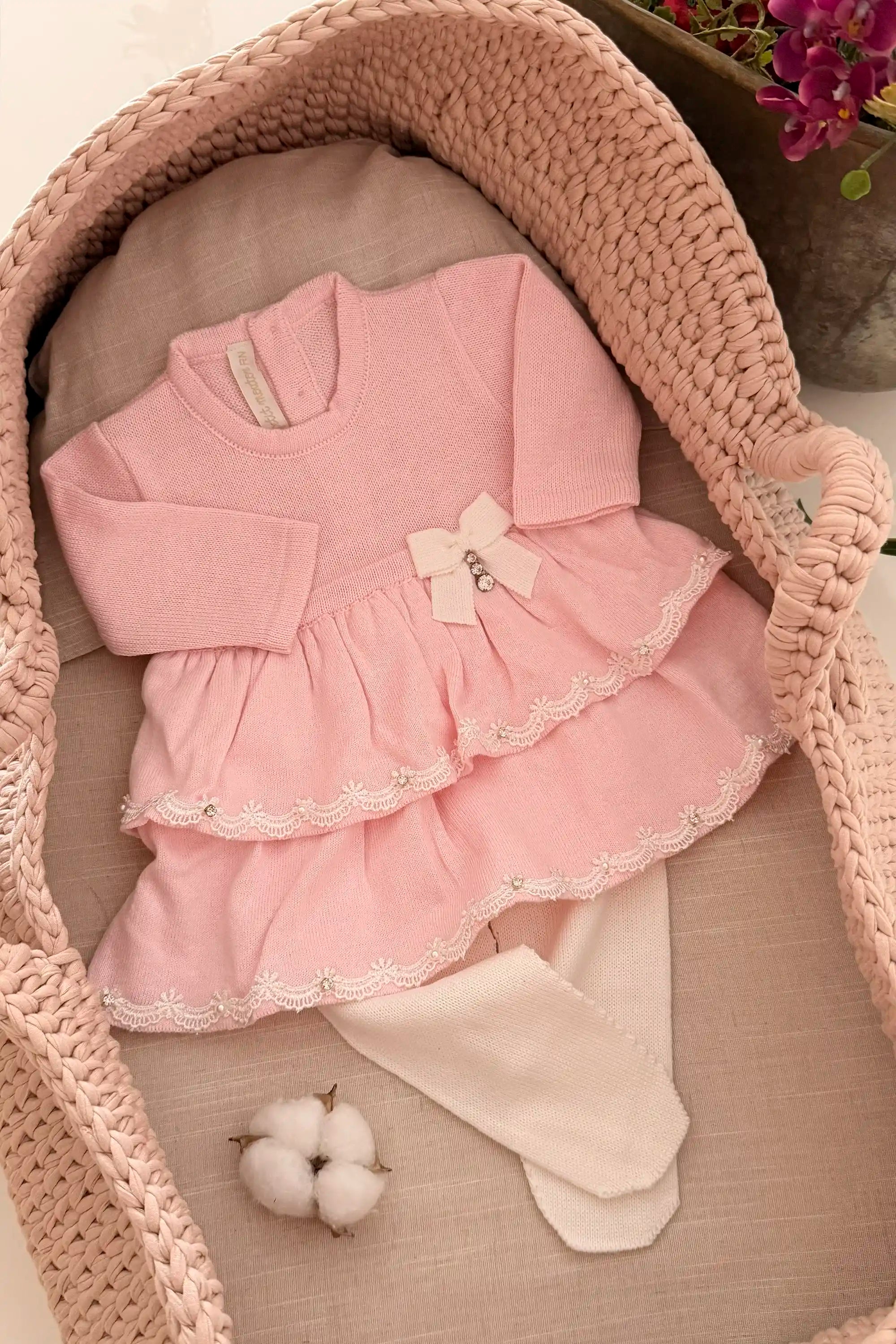 Conjunto de Maternidade Vestido Rosa Babados em Tricot — foto 2
