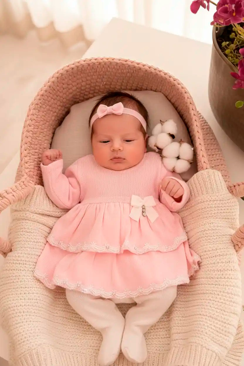 Conjunto de Maternidade Vestido Rosa Babados em Tricot — foto 1